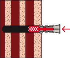 Diagram showing a wall plug being driven into a layered structure, indicating direction with a red arrow pointing right to left.