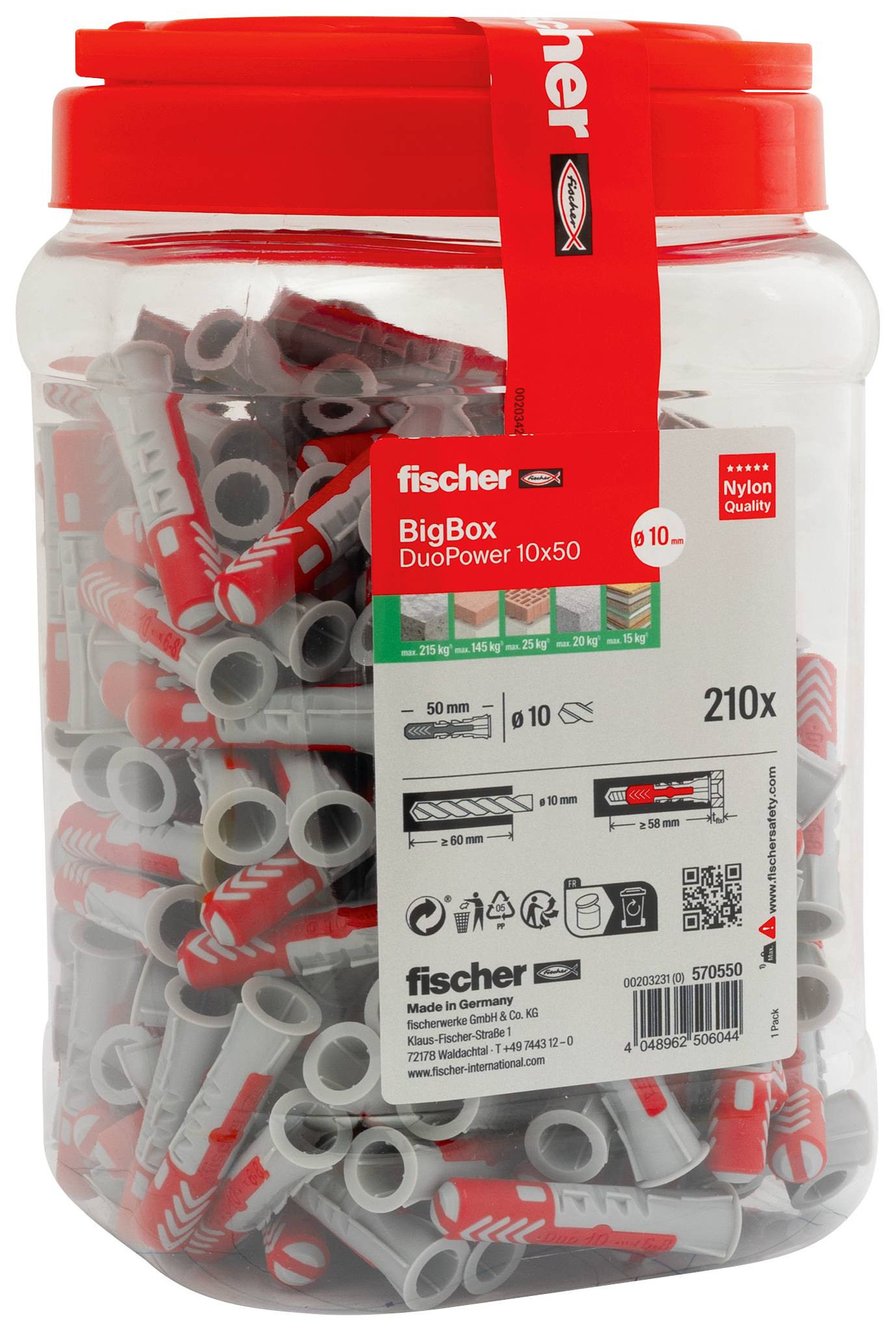 A large container labeled 'fischer DuoPower 10x50' holds 210 nylon wall plugs, featuring product branding and specifications on the label.