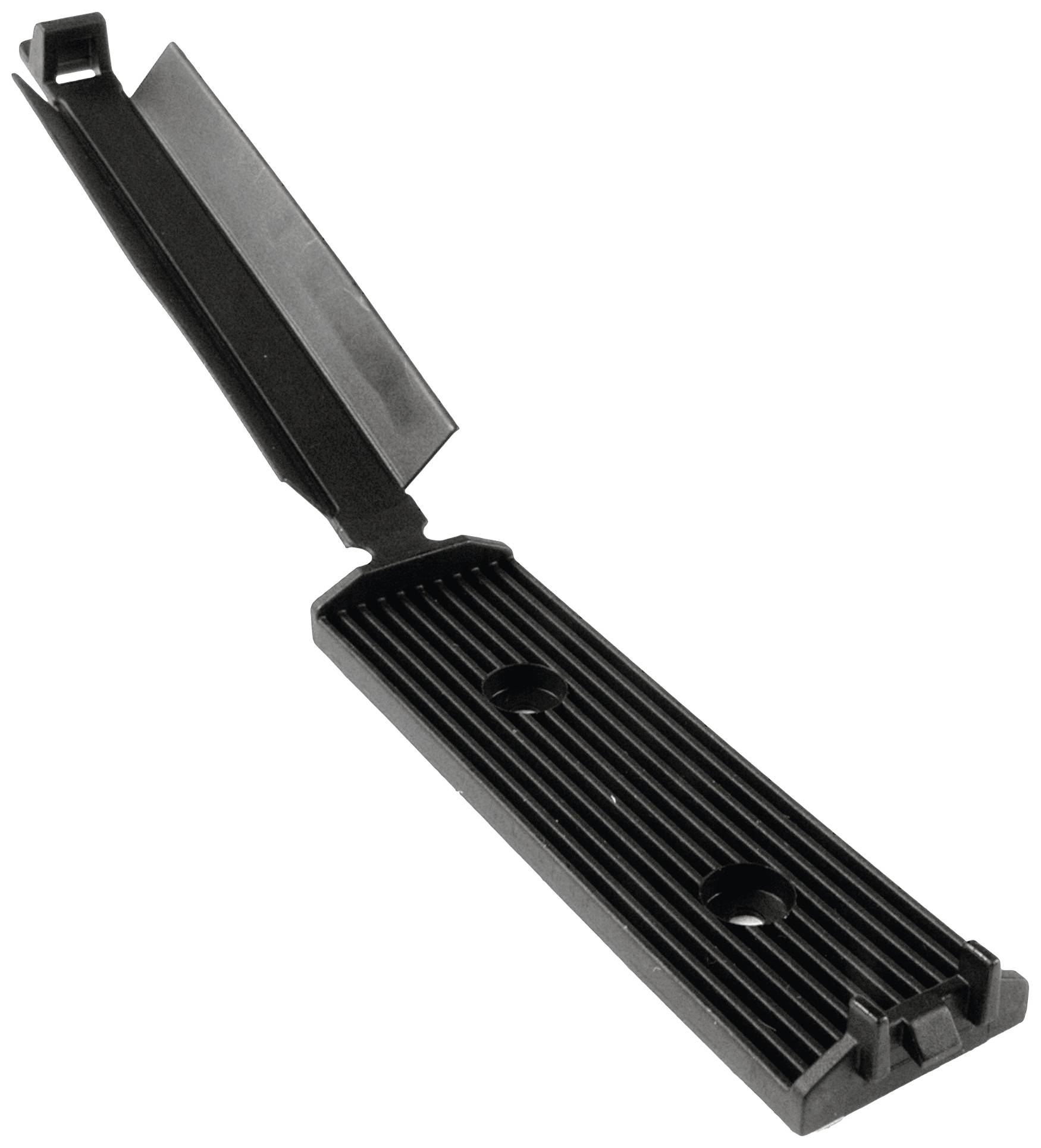 A black disposable paper safety razor with a ribbed handle and extended blade, lying on a white background.