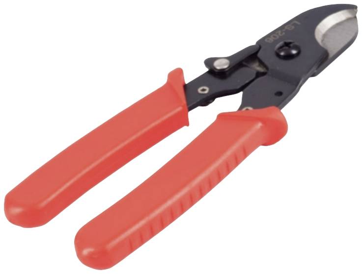 Red wire cutters with a black cutting head and orange handles. Suitable for cutting cables and wires.