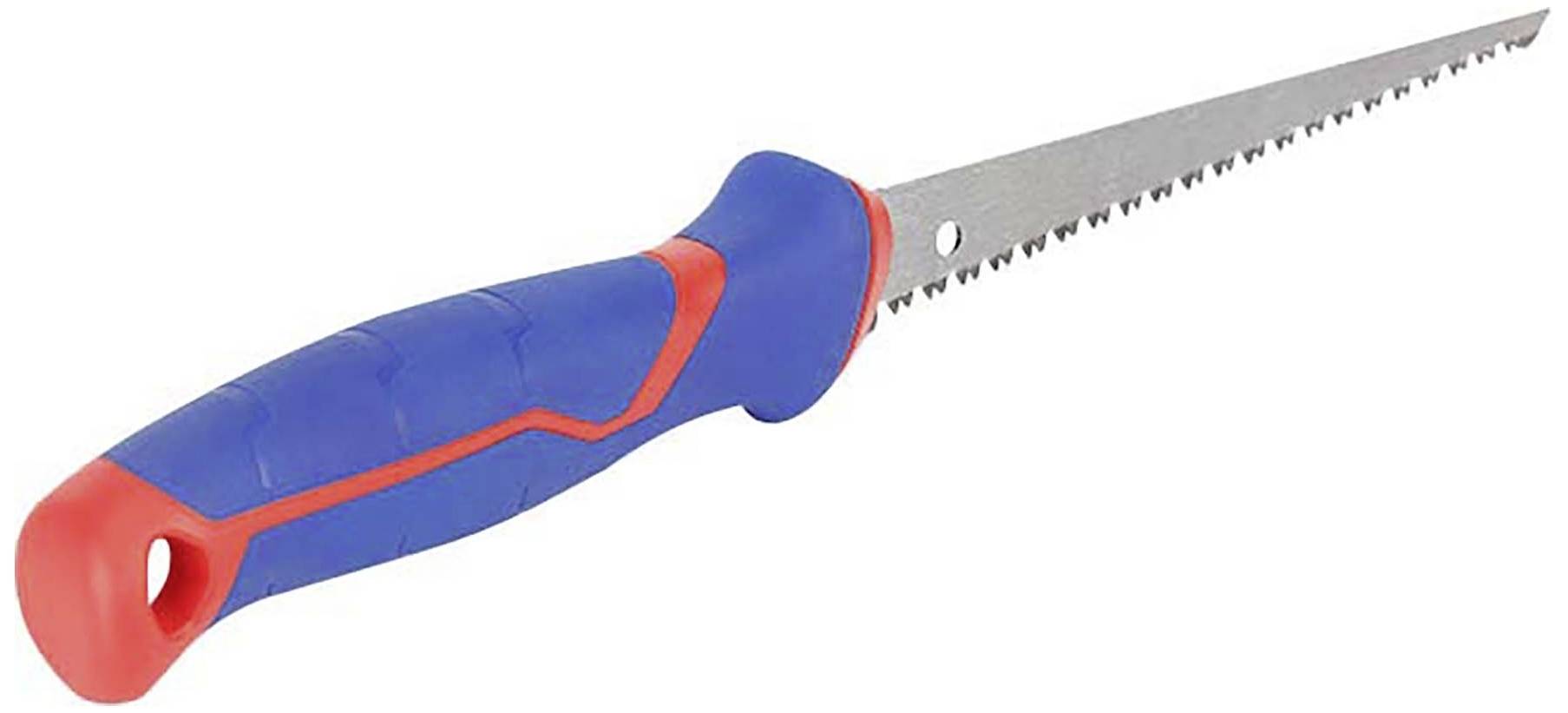 A handsaw with a blue handle and a long, serrated blade, used for cutting plasterboard or wood.