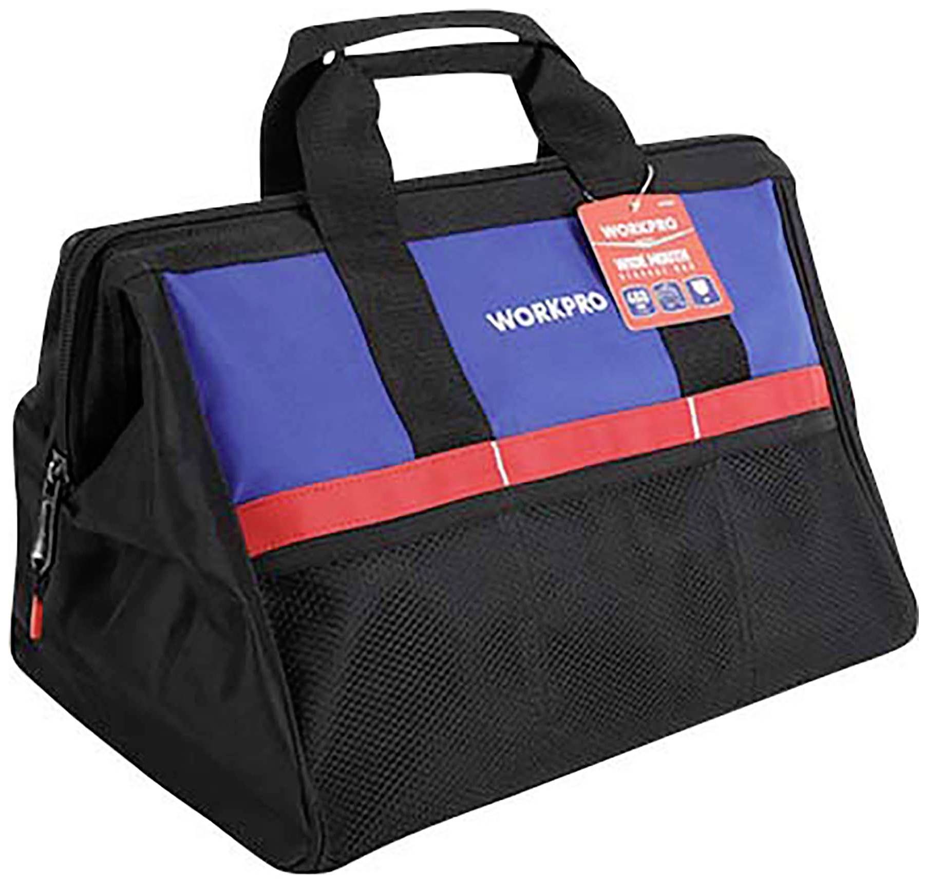A black and blue tool bag with red accents, brand 'WORKPRO', fitted with a label.