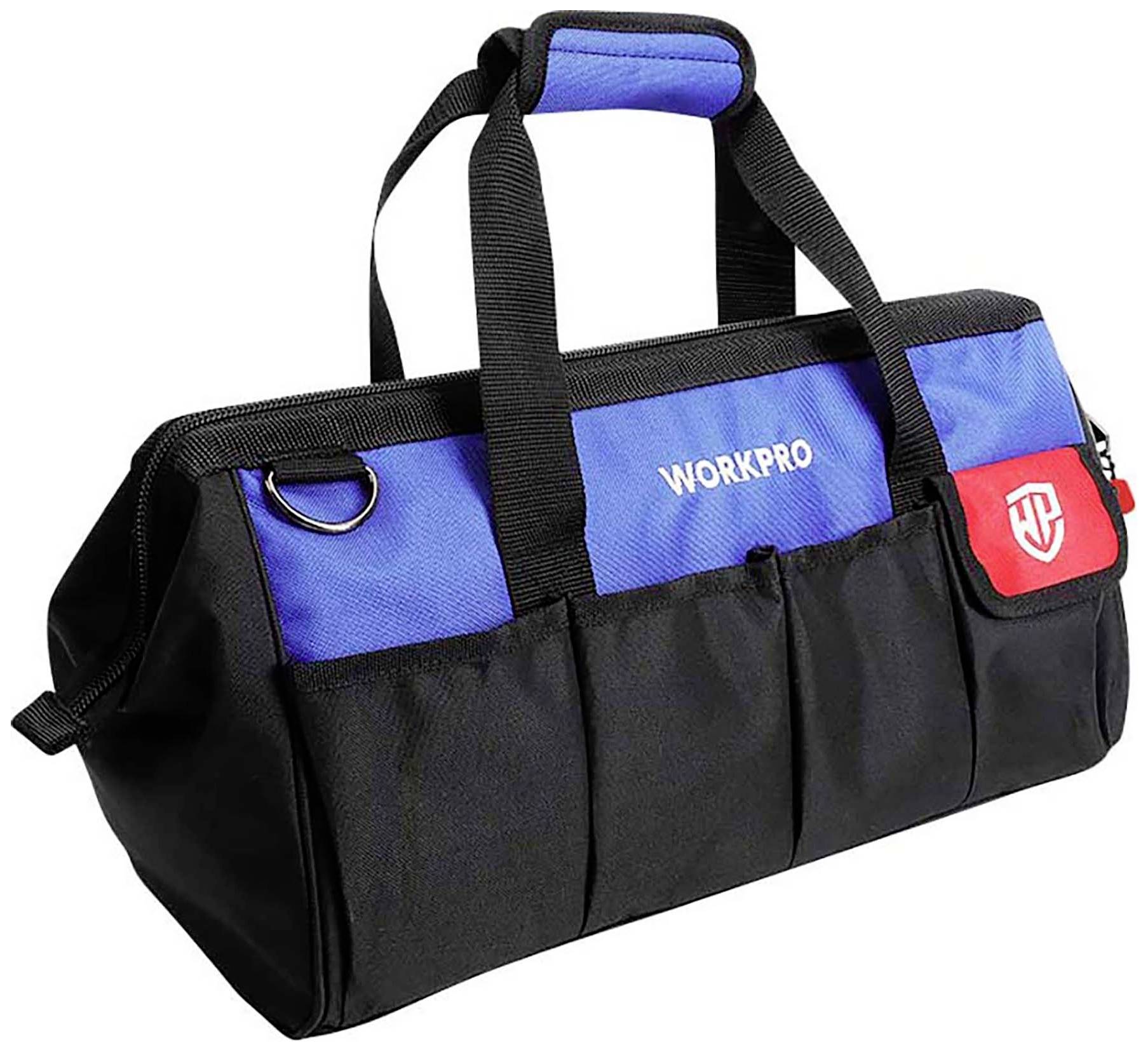 Blue-black fabric tool bag with red details. 'WORKPRO' printed on the side. Multiple external pockets and two carrying handles.