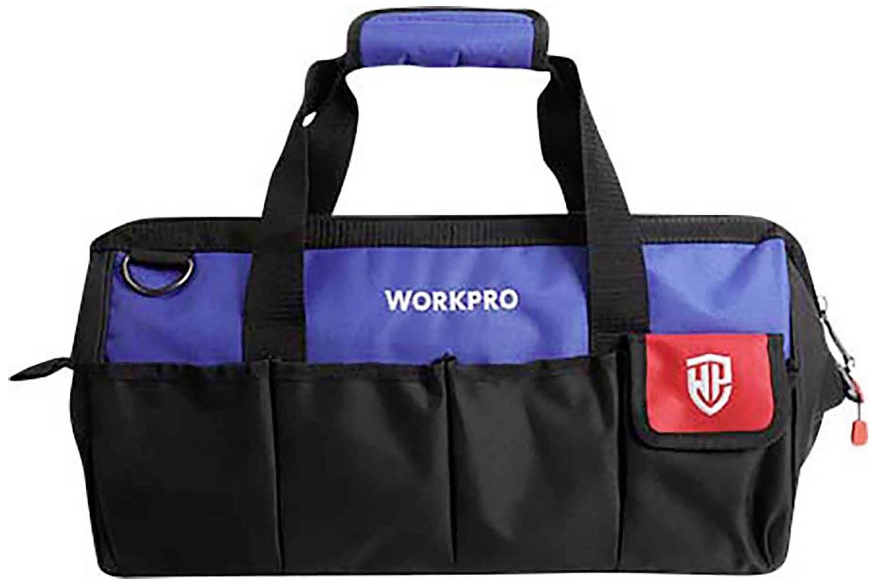 A blue and black tool bag with the 'WORKPRO' logo on the front and multiple external pockets for storage.