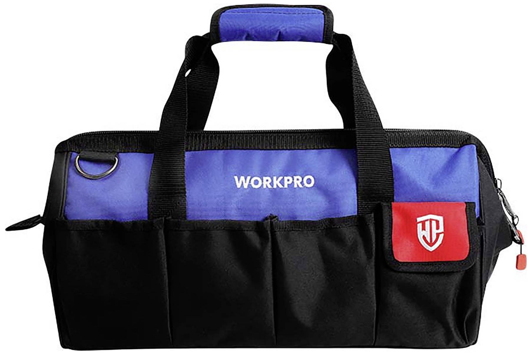 Black and blue tool bag with red details and multiple external pockets. 'WORKPRO' brand name on the blue surface.