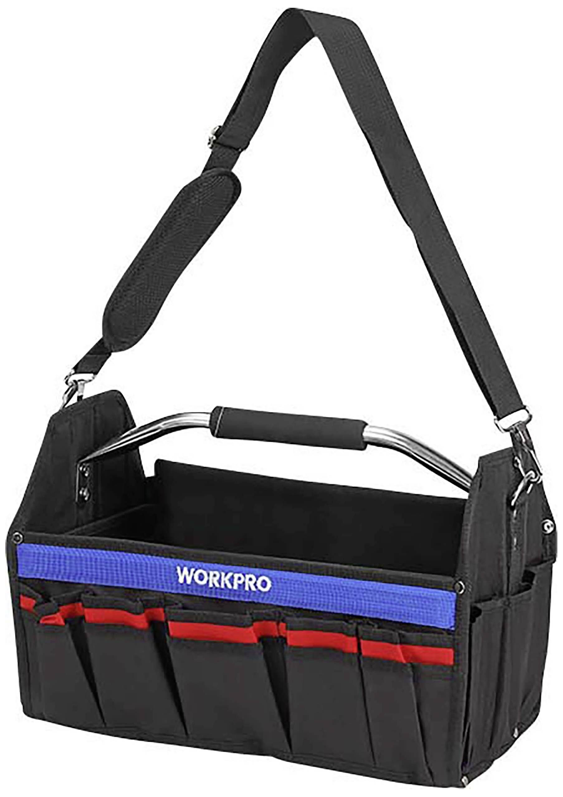 Black tool bag with blue and red accents, multiple pockets, and shoulder strap.