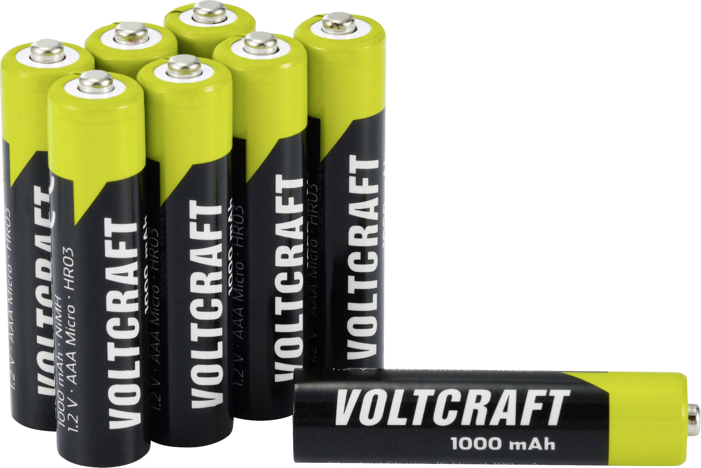 Eight 'Voltcraft 120V AAA Micro HR03' batteries, with one lying separately. Yellow and black design, 1000 mAh. Ideal for electronic devices.