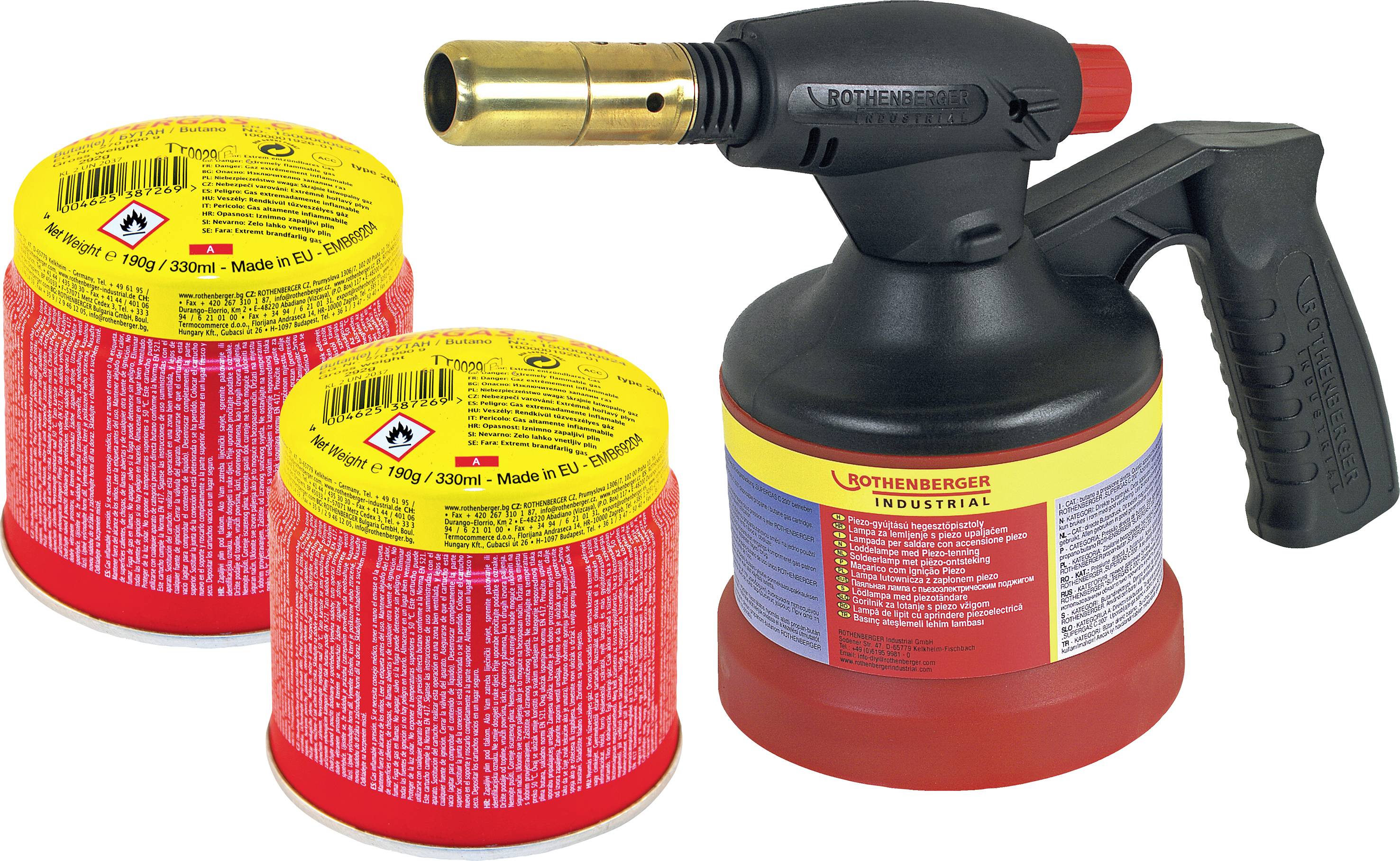 A hand-burning torch with two gas canisters. The torch has a black handle and a red base, with the canisters being yellow and red.