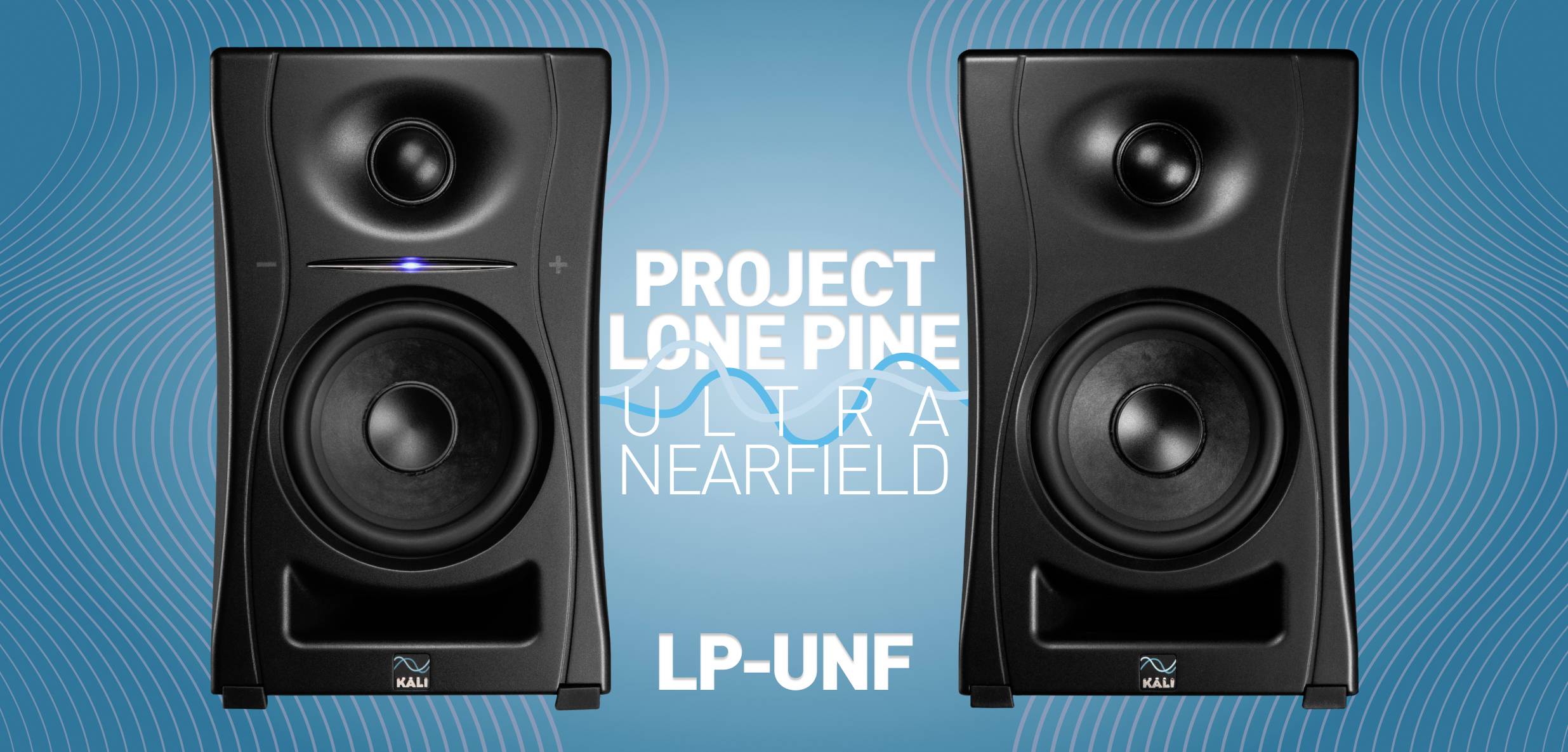 Two black speakers in front of a blue background with concentric lines. Text: 'Project Lone Pine Ultra Nearfield LP-UNF'.