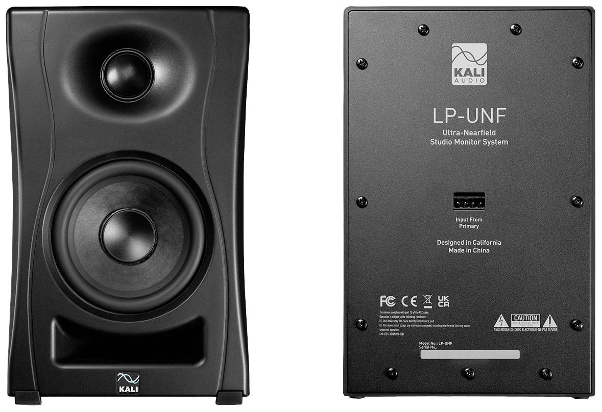 'Kali Audio' speaker front and rear view. Left: Speaker membrane and bass reflex opening. Right: Logo and technical specifications.