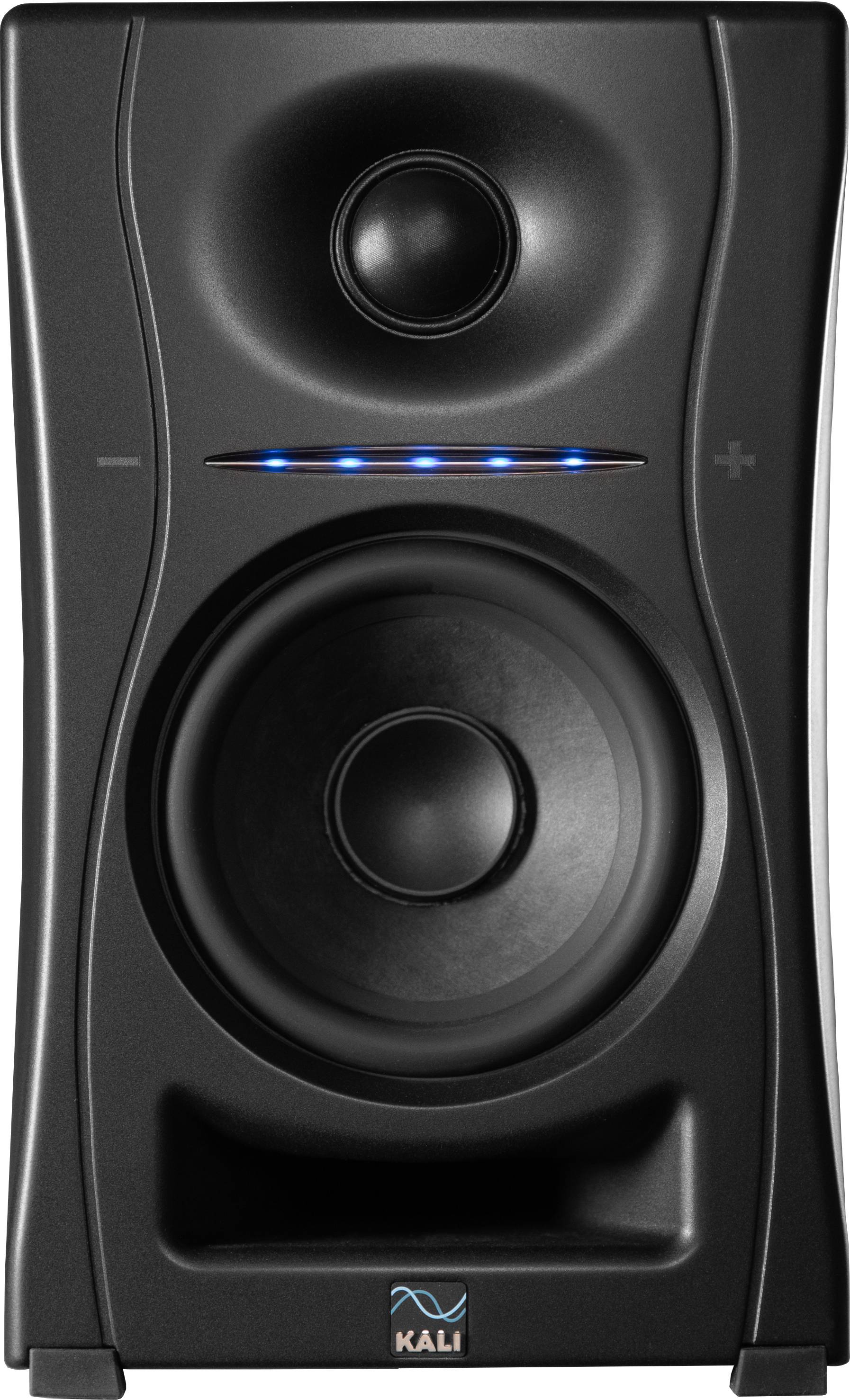 Black speaker with two drivers and controls on the front face. Marked with the 'Kali' lettering.