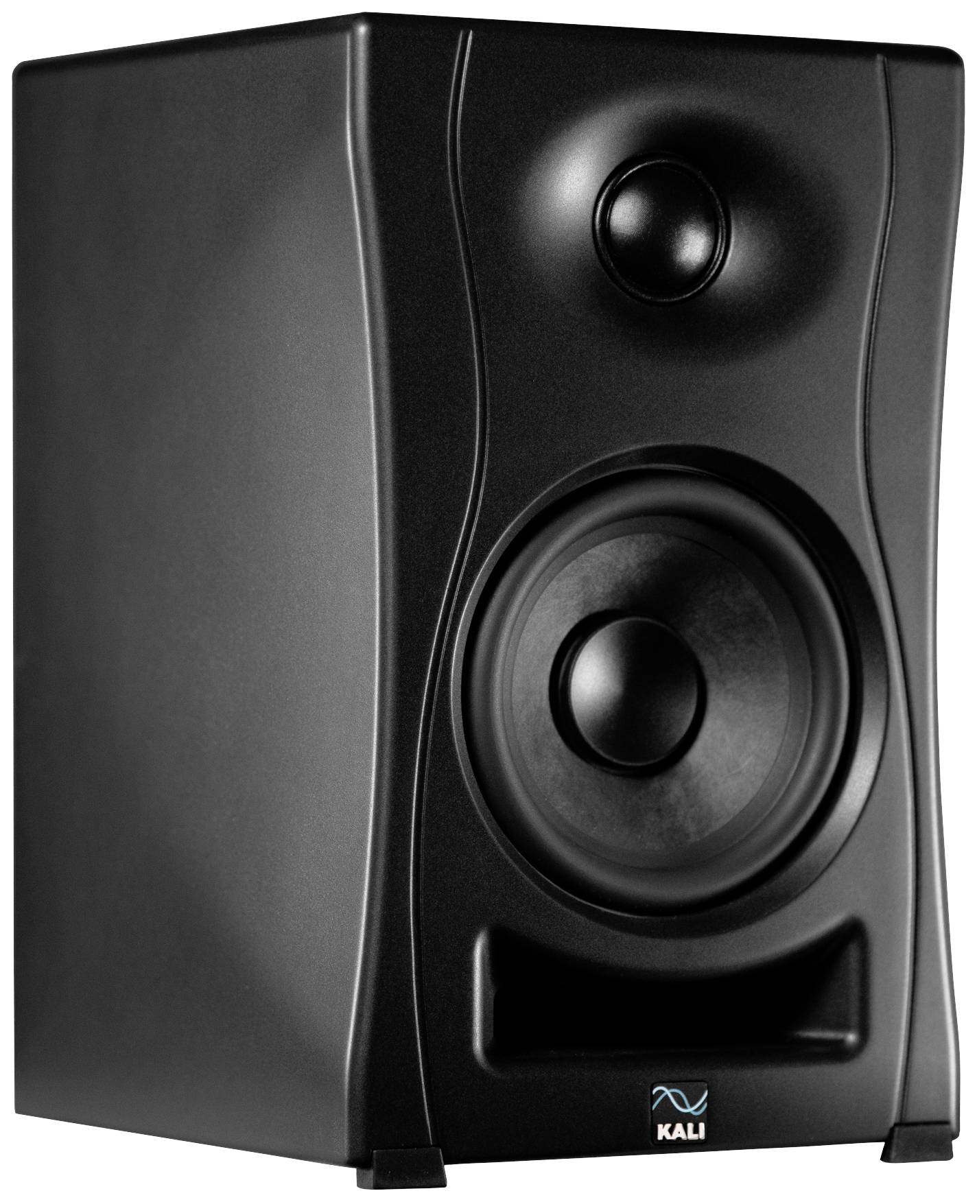 A black loudspeaker with two visible speakers, a tweeter at the top and a large woofer beneath it.