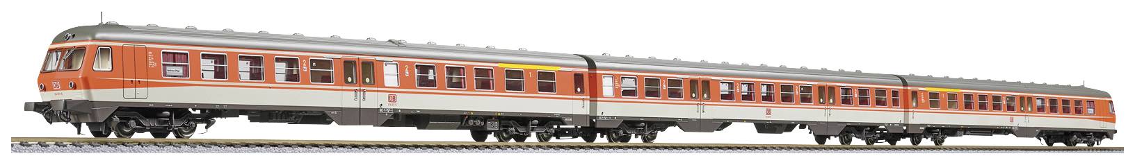 A long, orange and white model train with several passenger carriages is standing on a section of railway track.