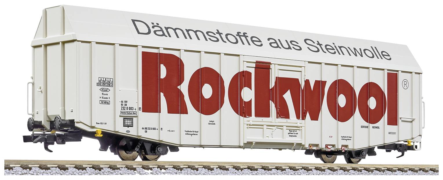 Goods wagon model with the inscription 'Rockwool' and 'Insulation Materials from Stone Wool'.