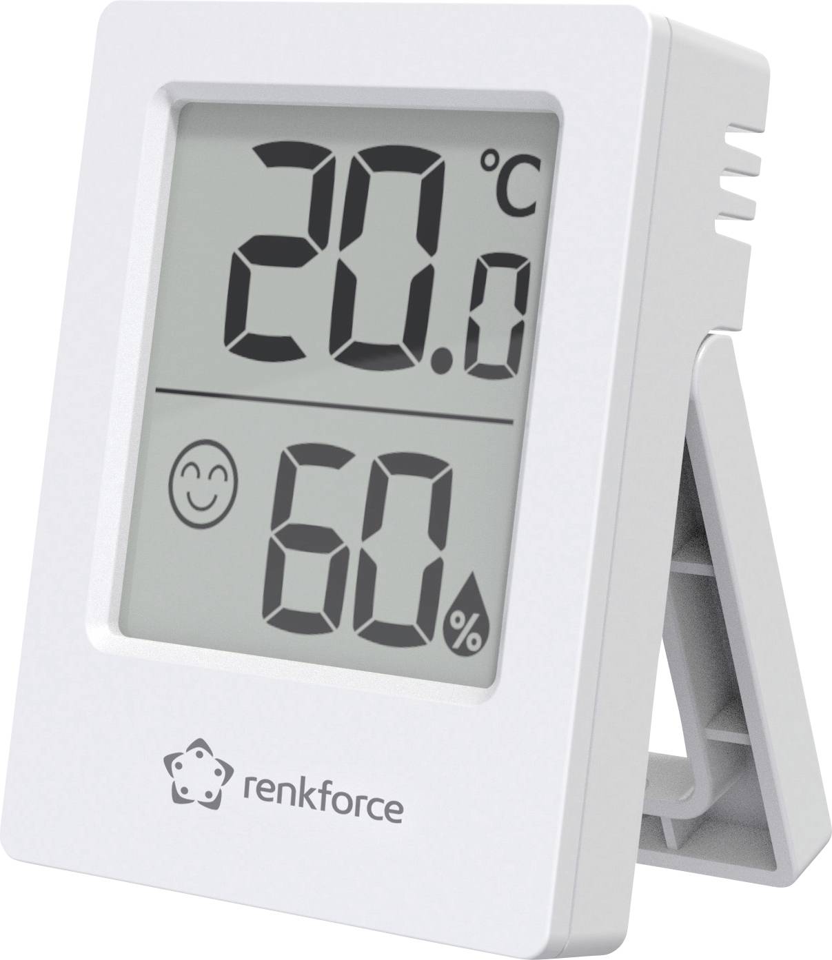 Digital thermometer and hygrometer showing 20 degrees Celsius and 60 percent humidity, with a smiling face display.