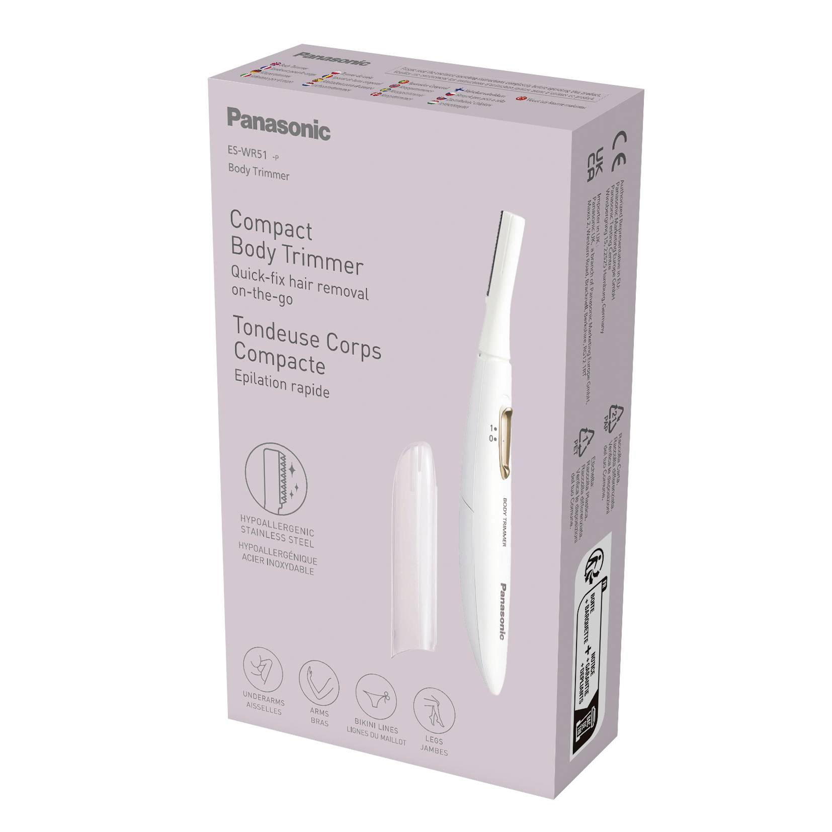 'Panasonic ES-WR51-S Body Trimmer' packaging displays the device and details about the hypoallergenic blade, rapid hair removal system, and compact design.