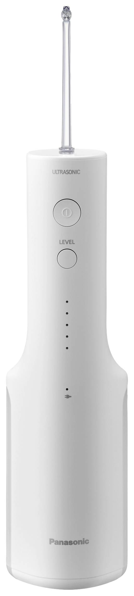 A white, cylindrical electric tooth cleaning device with a narrow attachment at the tip and several control buttons on the front.