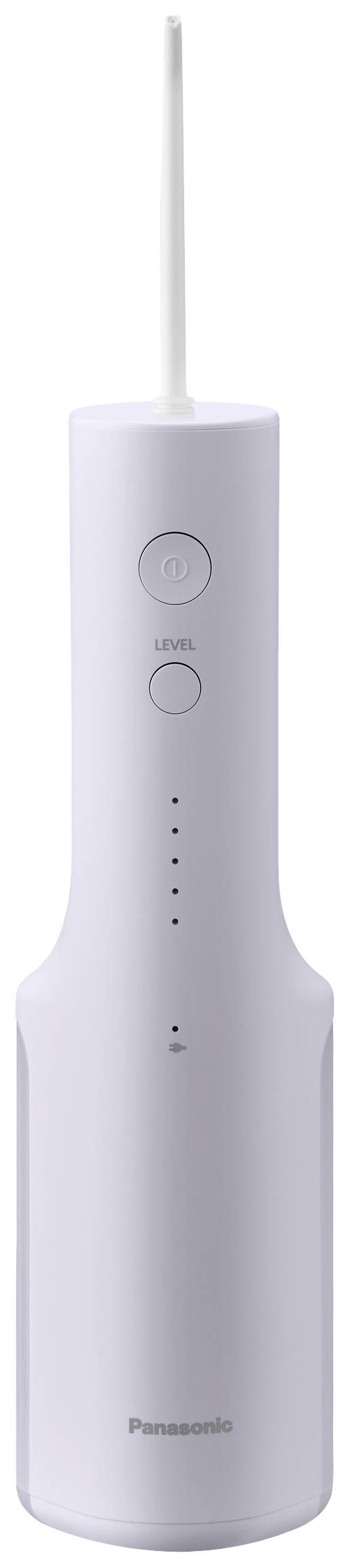Portable water flosser in white, vertically oriented, with two buttons and five LED indicators on the front for pressure adjustment.