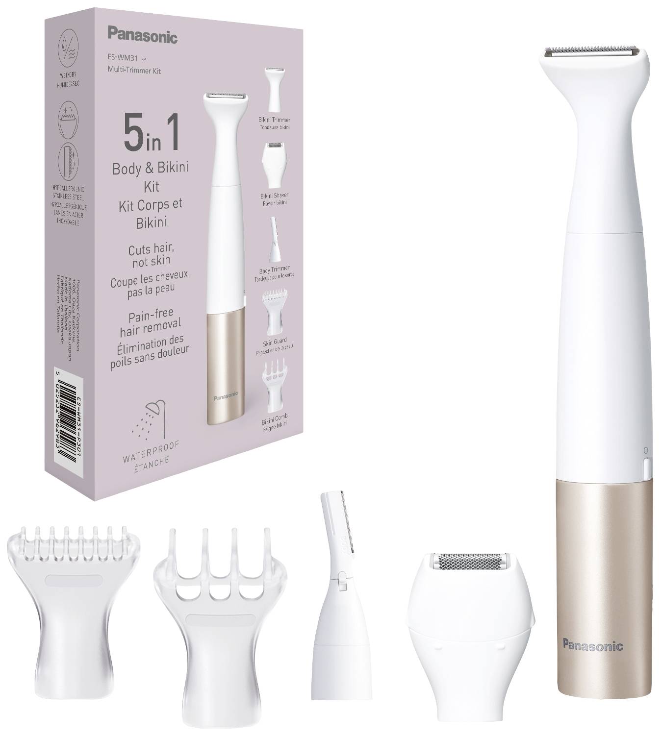 A '5-in-1 Body & Bikini Kit' from Panasonic with various trimmer attachments and packaging that demonstrates the functions.