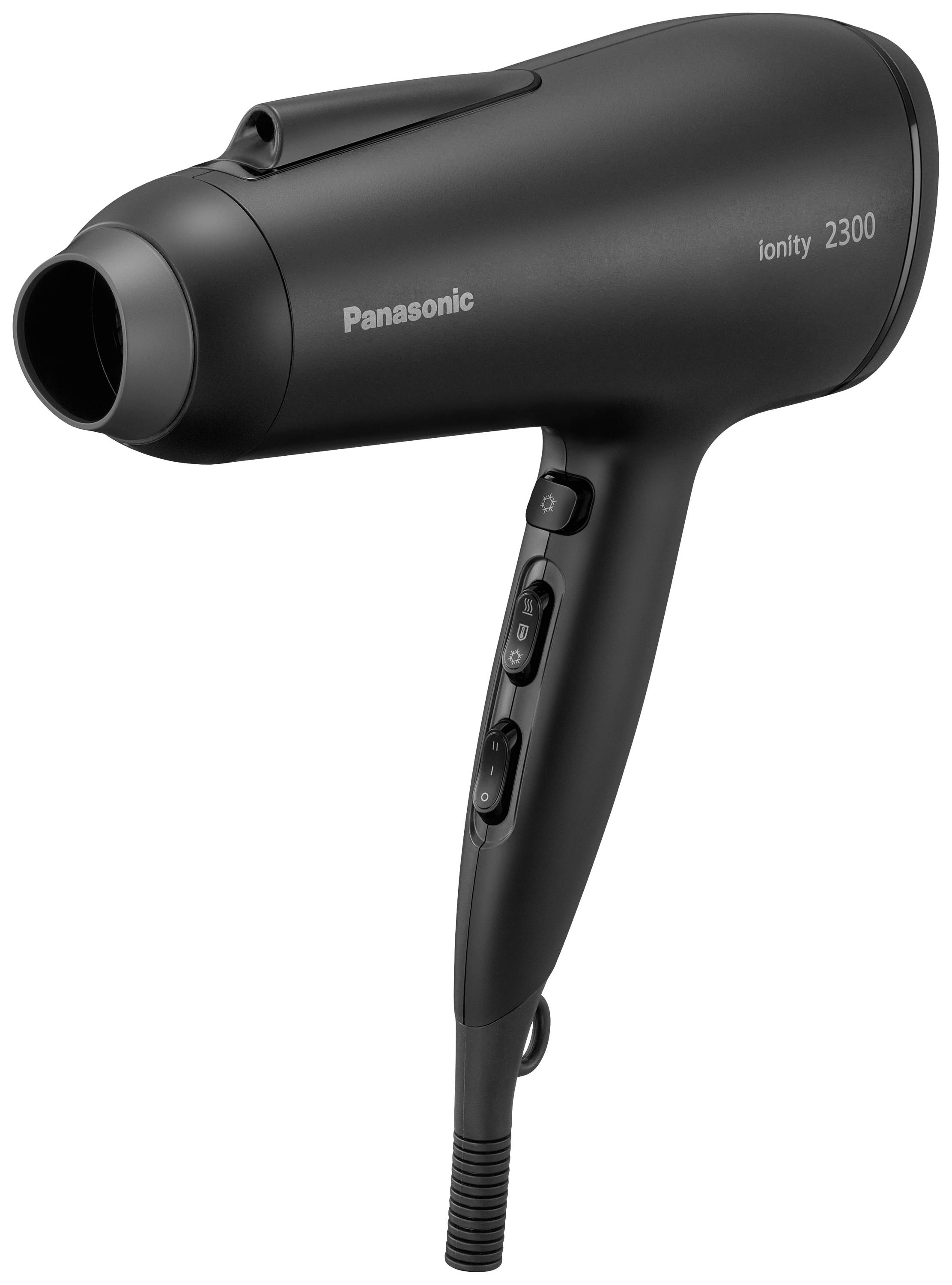 Black hair dryer with 'Panasonic Ionity 2300' printed on it, showing the input controls and power cable.