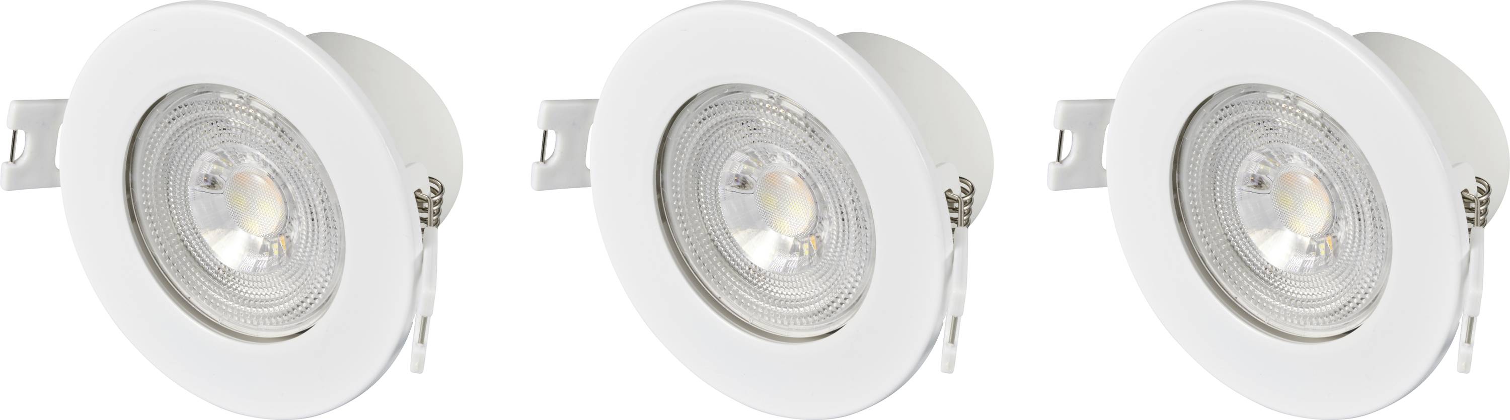 Three round, white ceiling lights arranged in a row. Each lamp has a clear glass and contains an LED light fitting.