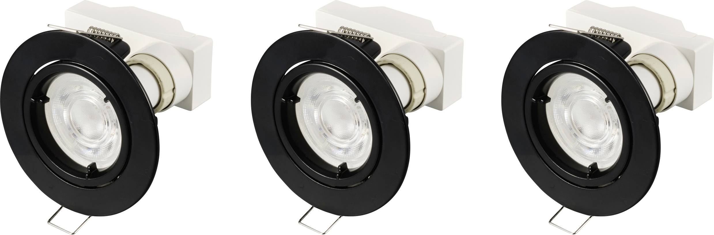 Three black recessed spotlights with halogen lamps, arranged side by side in a row. They are designed for ceiling mounting.