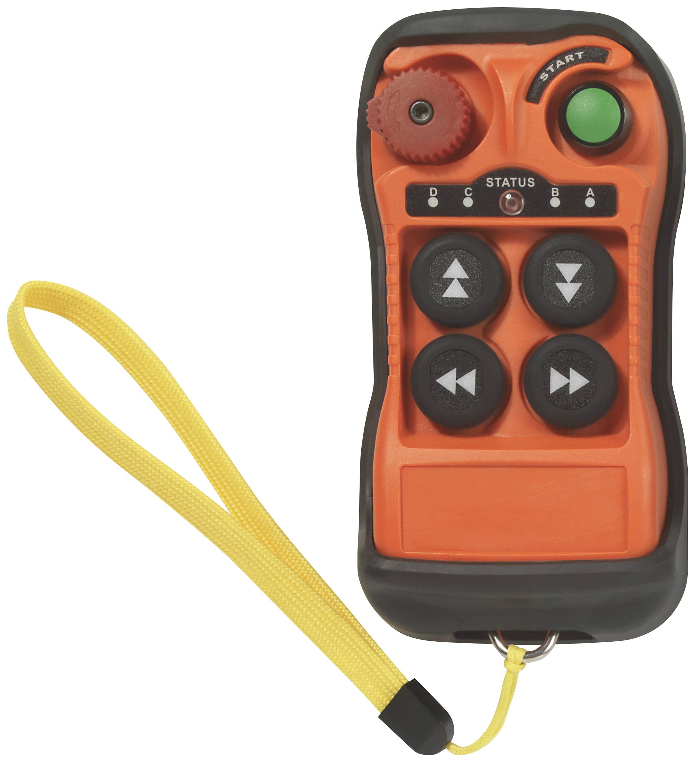 The image shows an orange remote control with six black buttons, a green button in the top right corner, and a yellow carrying strap.