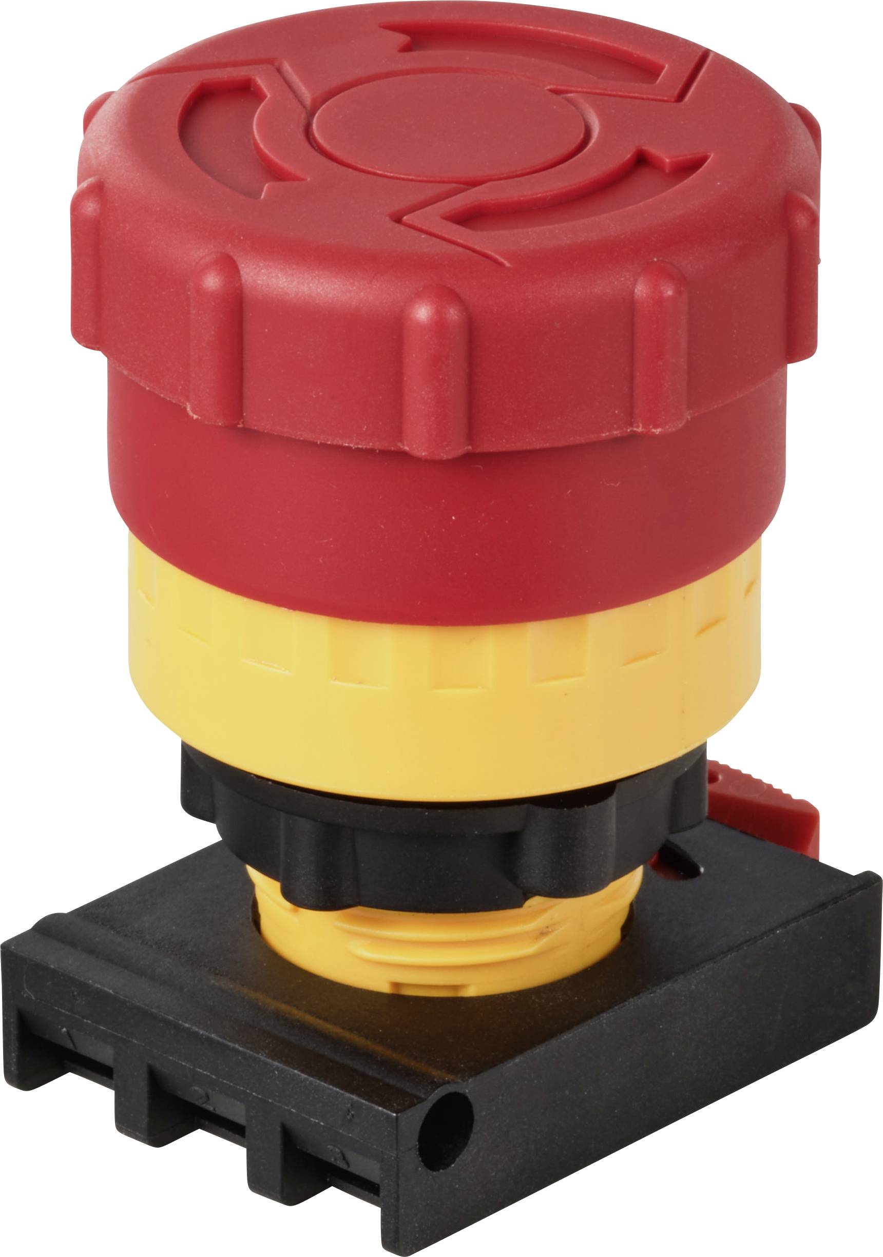 Red emergency stop switch with yellow base, used for quick deactivation of machinery in emergency situations.