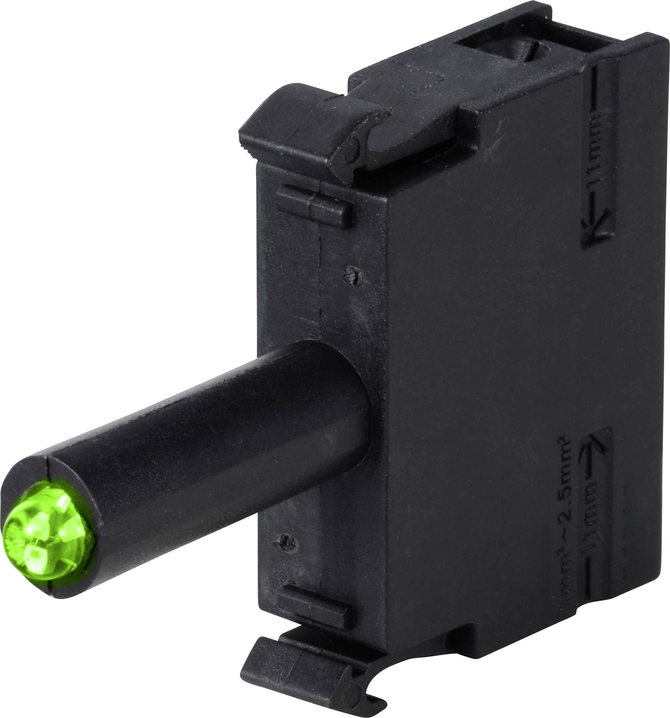 A black switch with a green illuminated strip at the front.