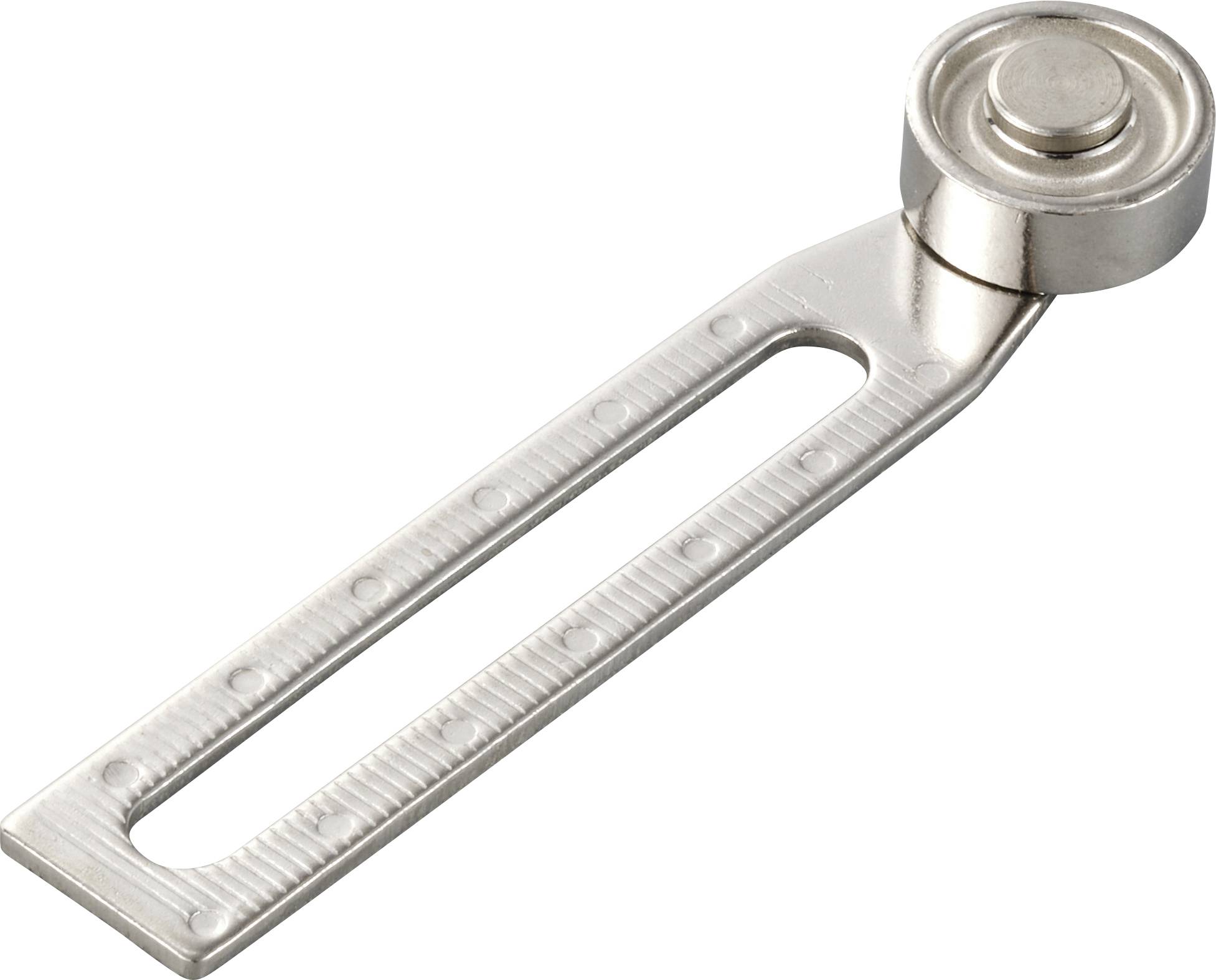 A silver metal piece with a flat, rectangular bar and a round disc end, likely a sliding component.