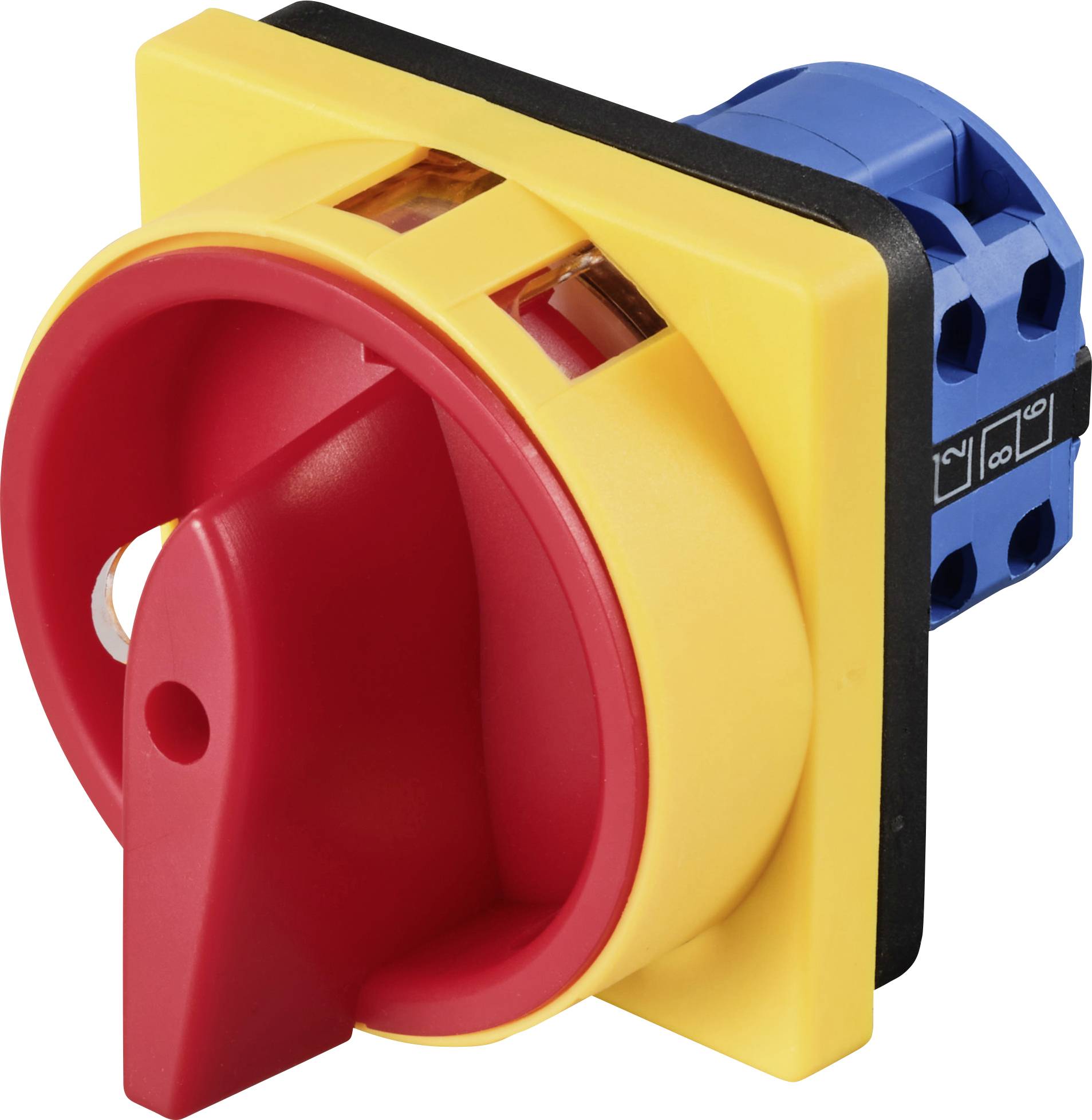 A red emergency stop switch in a yellow housing, laterally integrated into a blue enclosure, serves for safety shutdown.