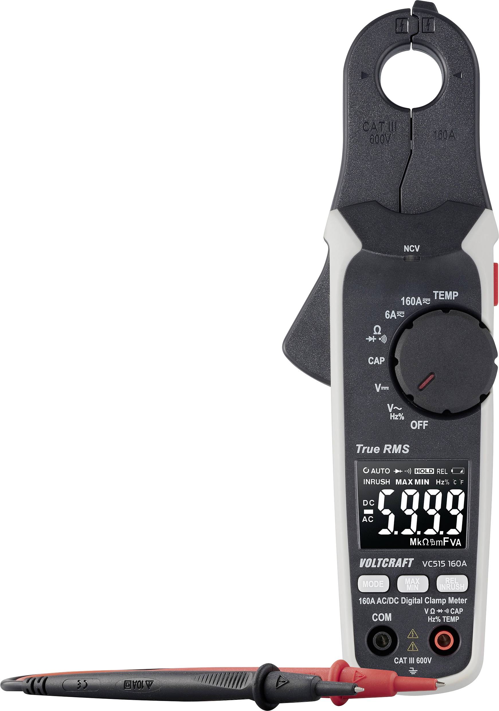 Digital clamp multimeter with LCD display showing '5.998' for voltage or current. Red and black cables for measurements. Suitable for electrical work.