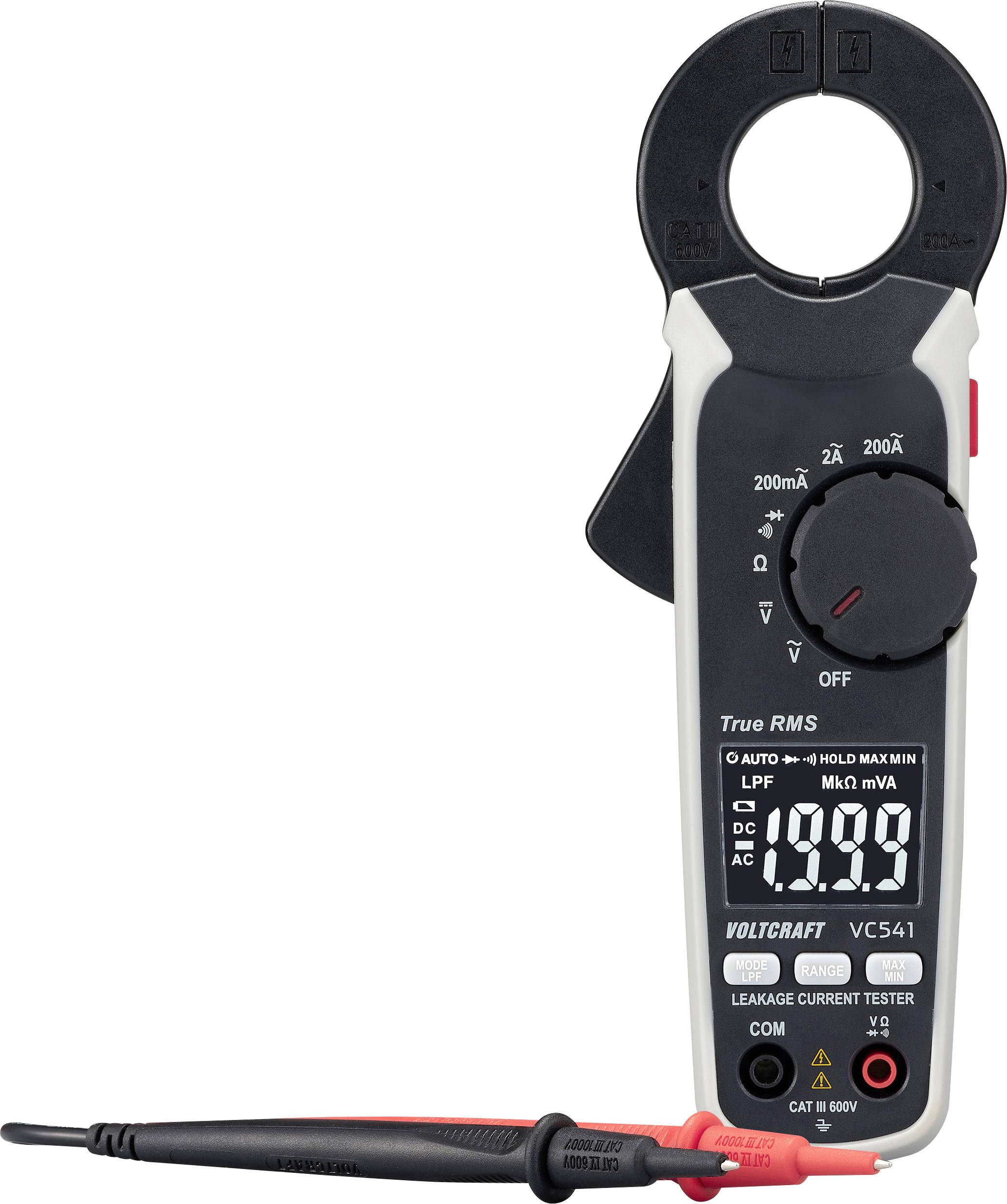 A digital ammeter with clamp head and display shows '10.99'. Cables are connected, suitable for AC/DC measurements.
