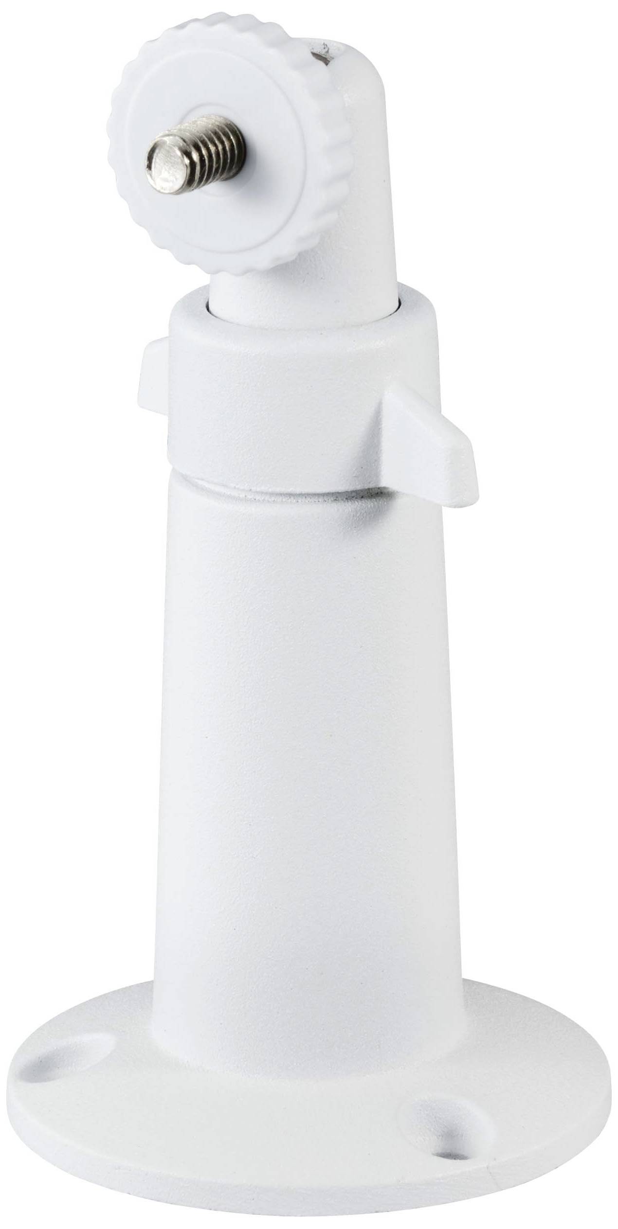 White camera mount with rotatable screw mechanism and round base, suitable for wall or ceiling installation.
