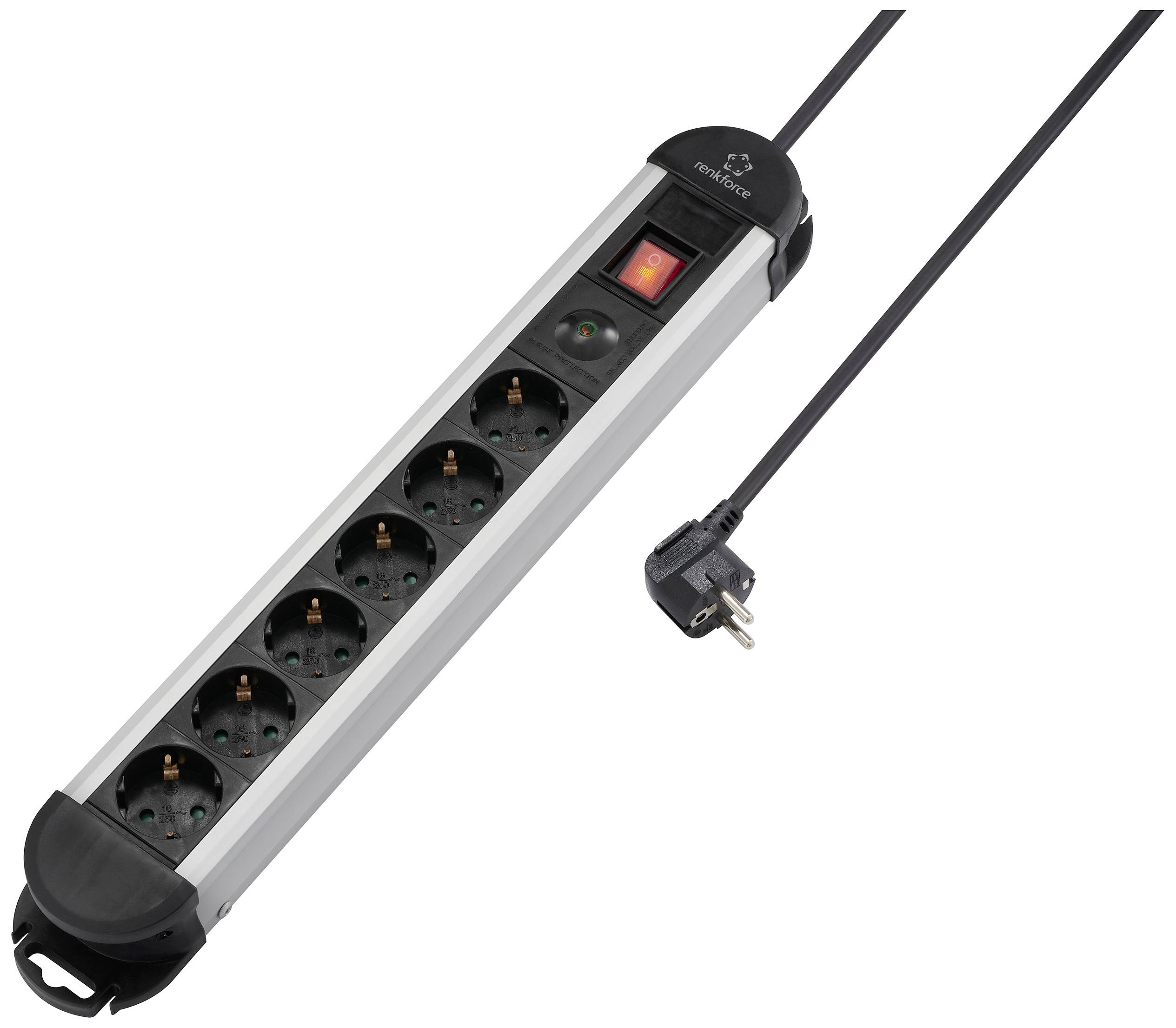 A black and silver six-socket extension lead with an on/off switch, connected with a cable and plug.