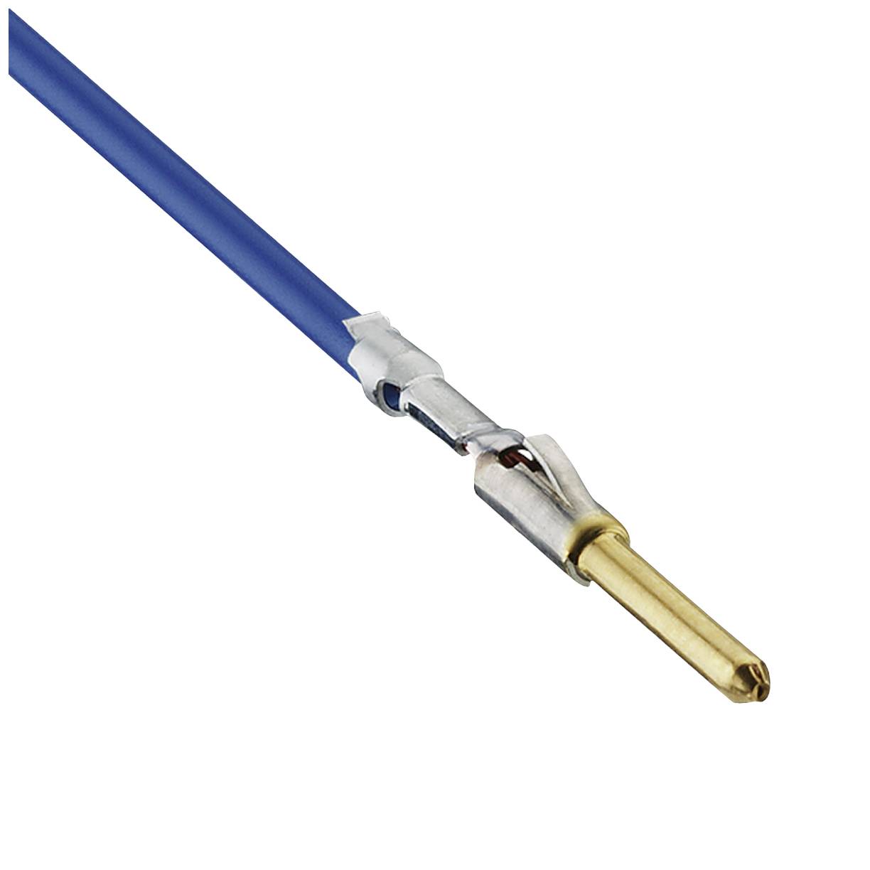 A blue cable with a golden metal plug at the end, used in electrical connections.