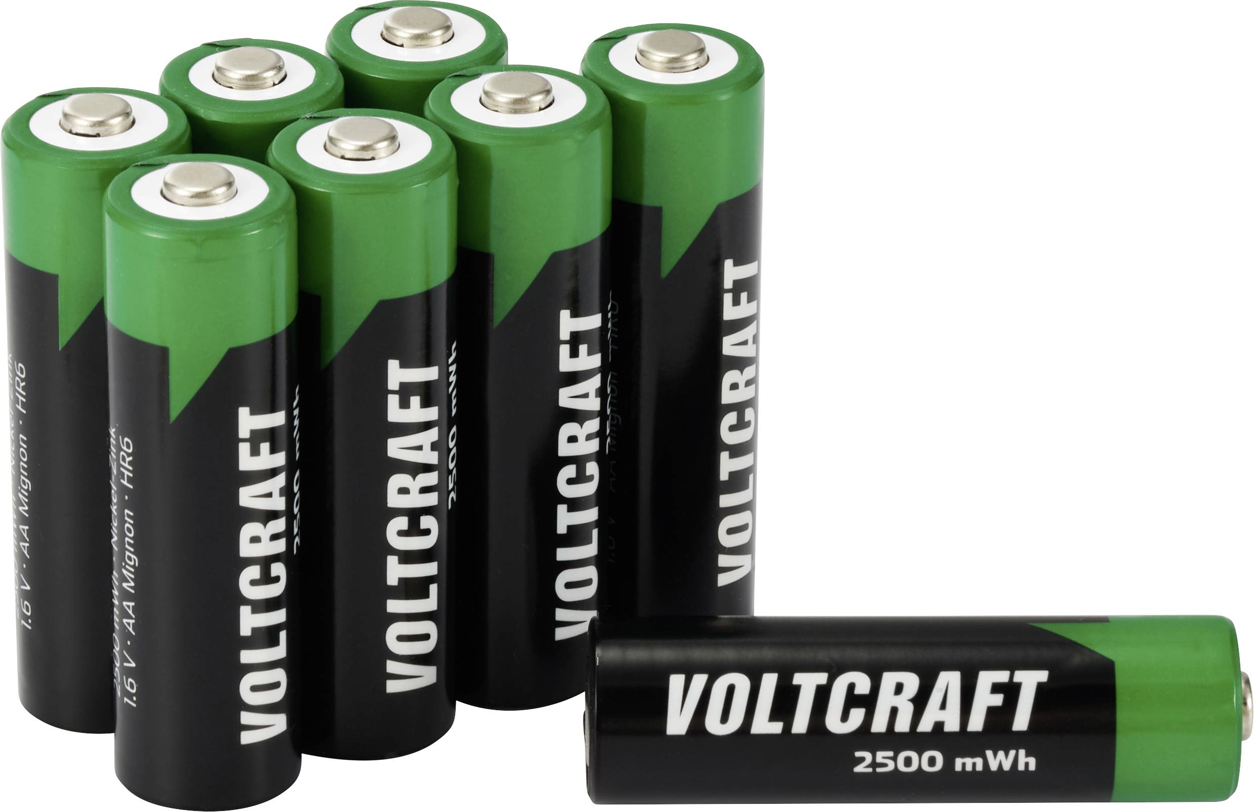 Eight black and green Voltcraft batteries, AA type, with 2500 mWh capacity, are arranged. One battery is positioned separately at the front.
