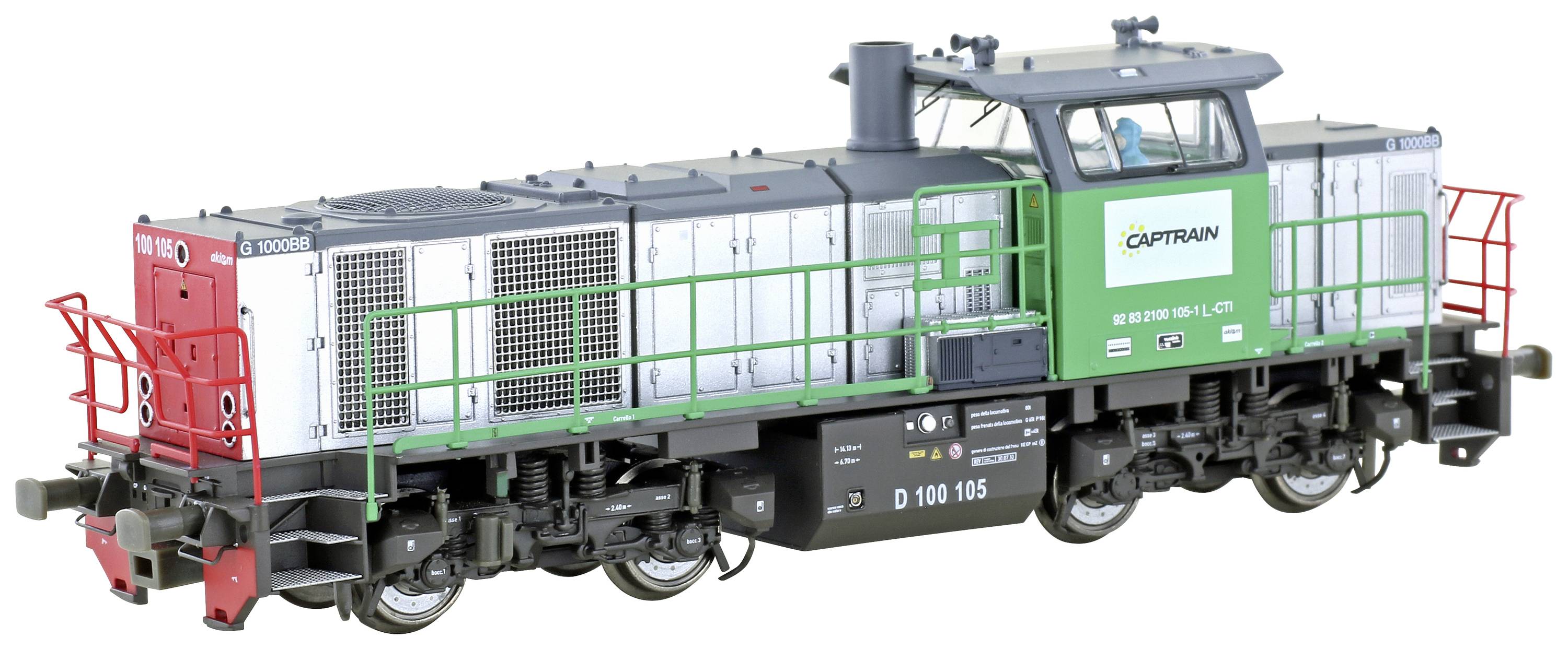 A green and grey model of a freight locomotive with the inscription 'Captrain' on the side, pictured against a white background.