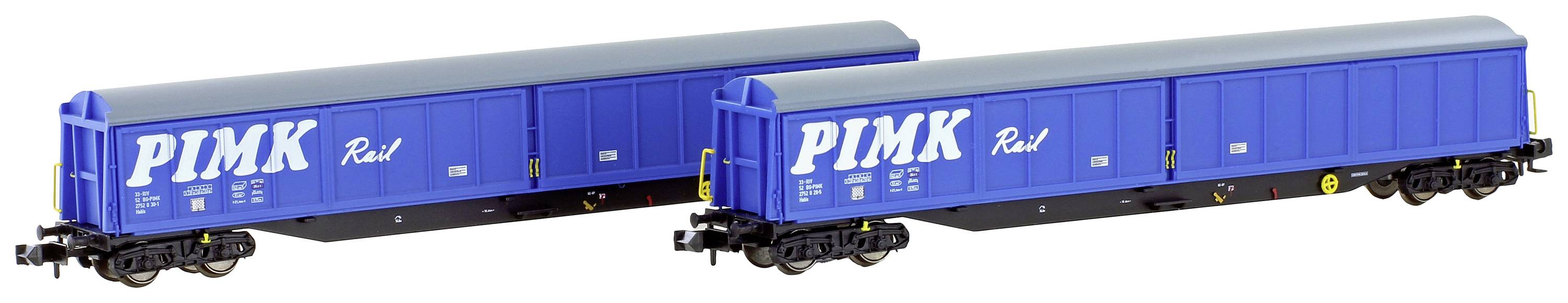 Two blue freight wagons with the inscription 'PIMK Rail' on a white background. The wagons are fitted with sliding doors.
