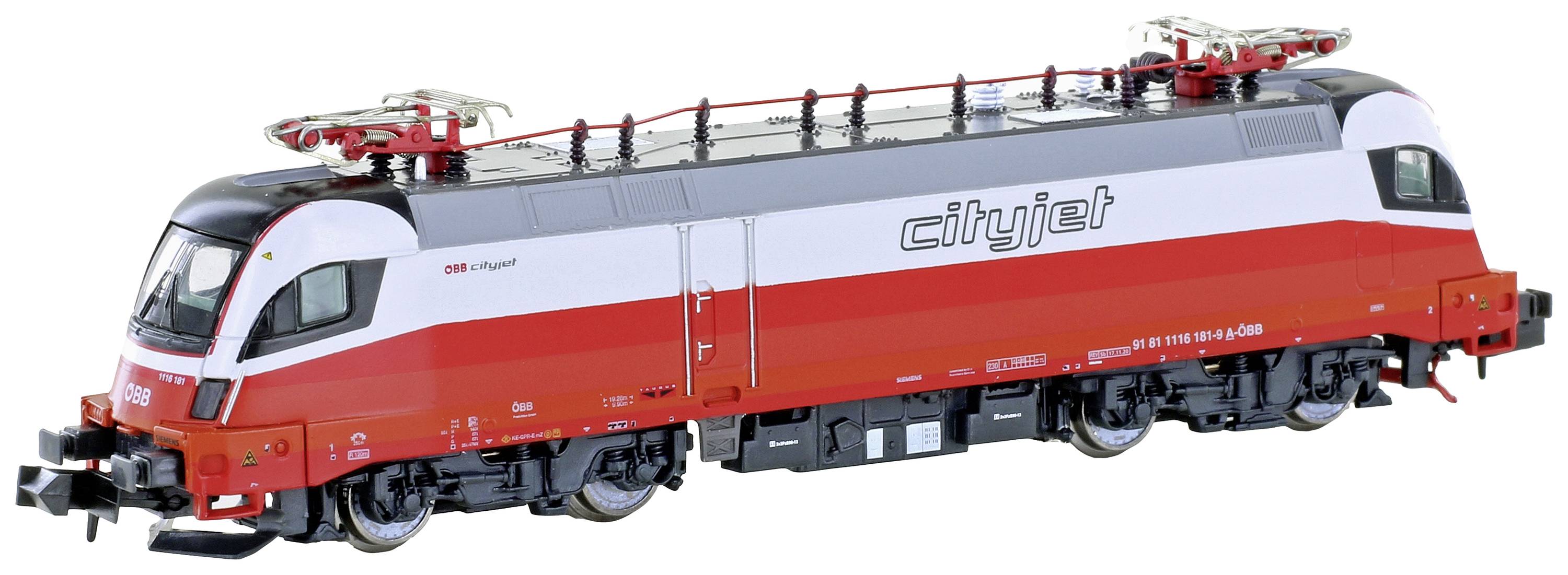A model train in Cityjet livery of red and white with detailed prints and pantographs stands on a white surface.