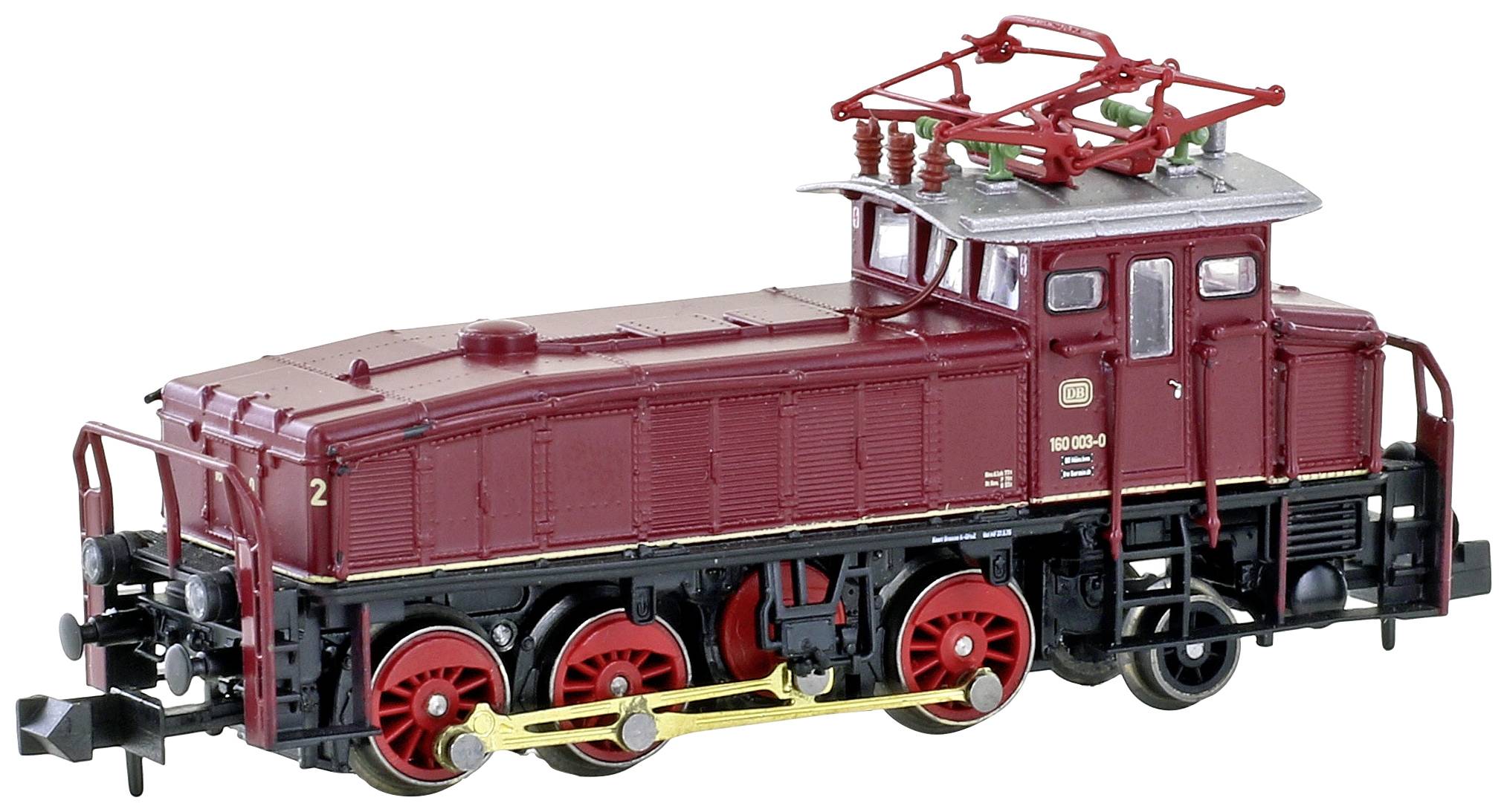 Red electric model locomotive with four wheels and detailed pipework on top. Suitable for model railway layouts.