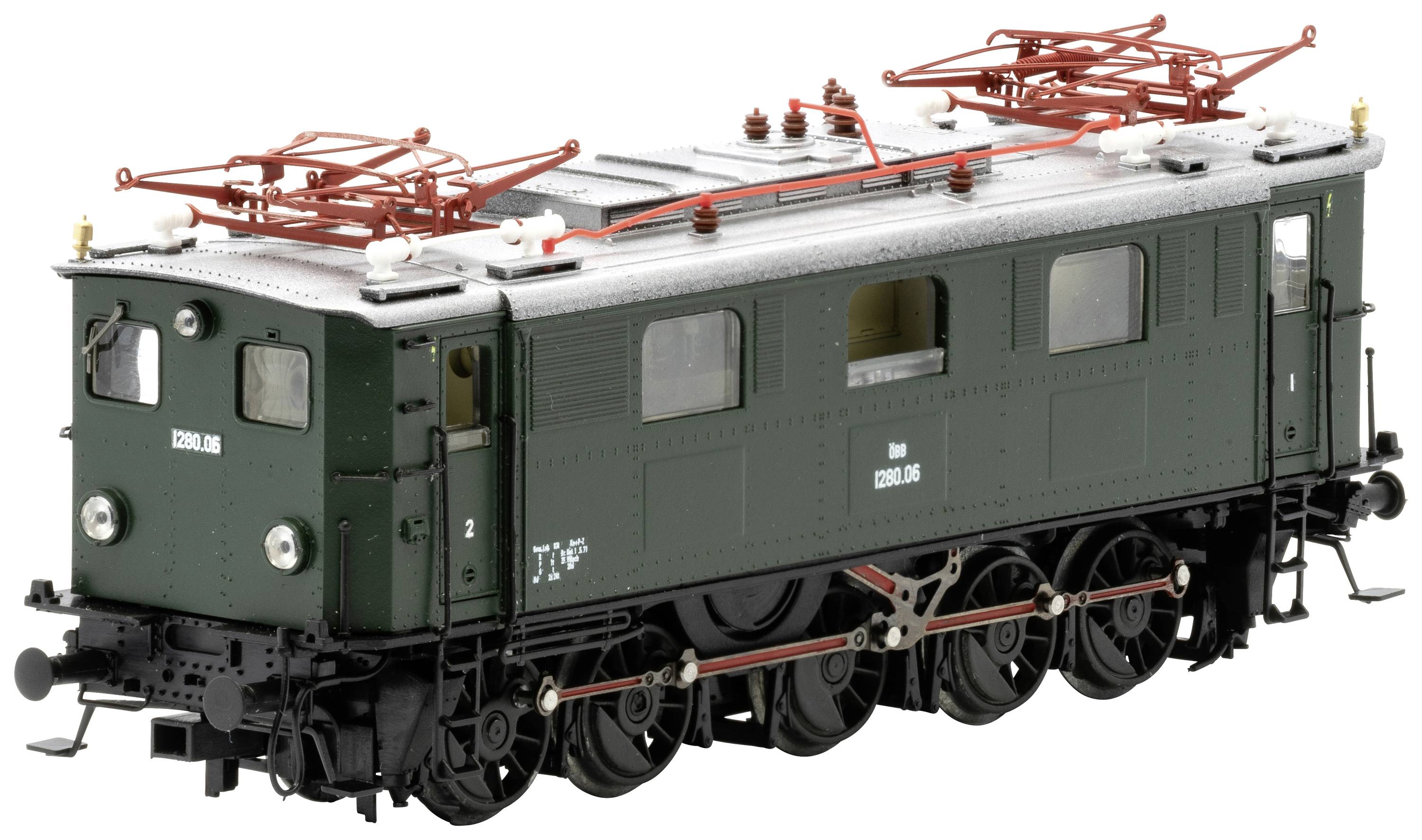 A green model of an old electric locomotive with detailed pantographs and markings on the side.