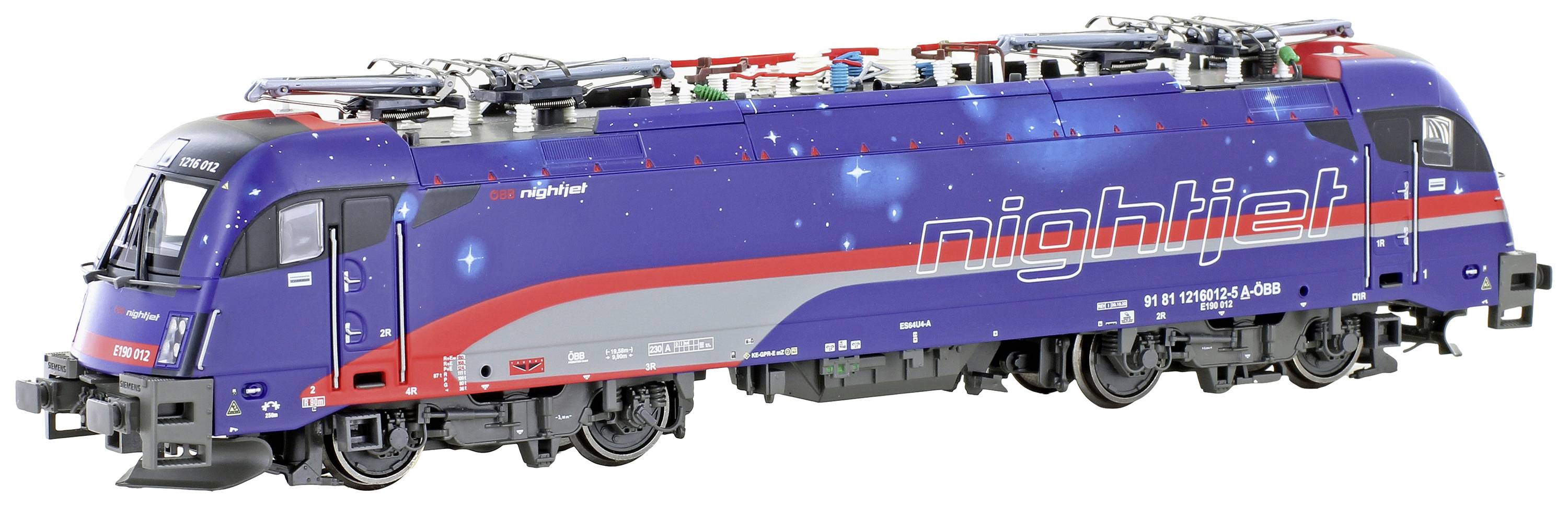 A blue and red night train with 'nightjet' written on its side, sprinkled with stars, symbolising nocturnal journeys.