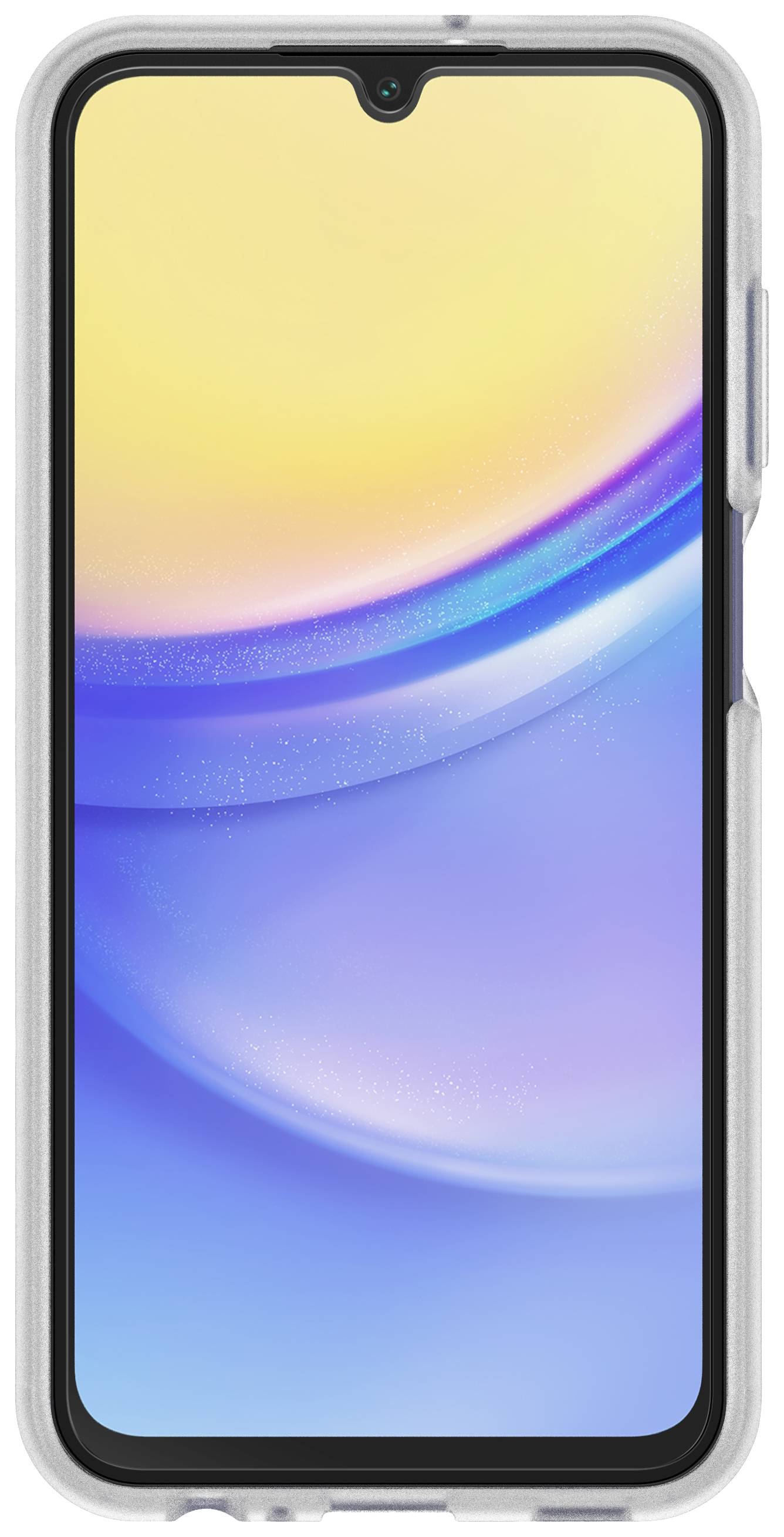 A smartphone with a coloured screen background, depicted in a transparent case.