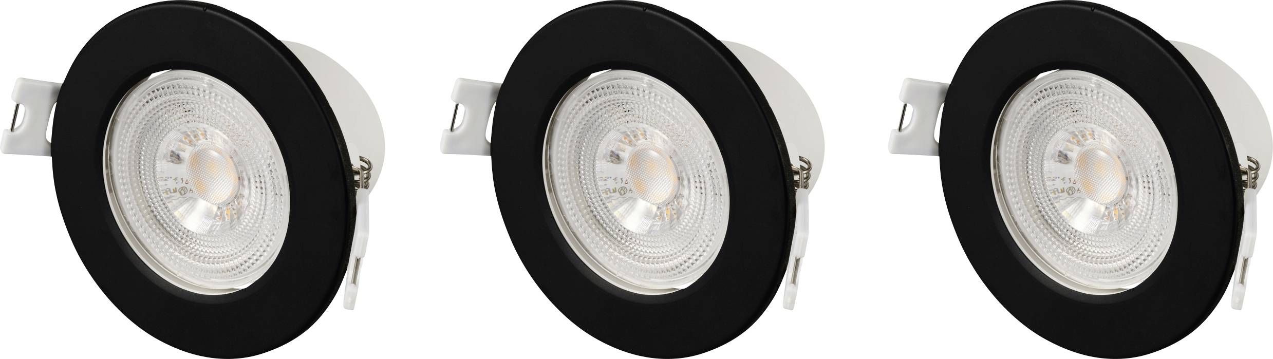 Three round, black LED ceiling spotlights with built-in lamps on a white background, showing the front view of the light fixtures.