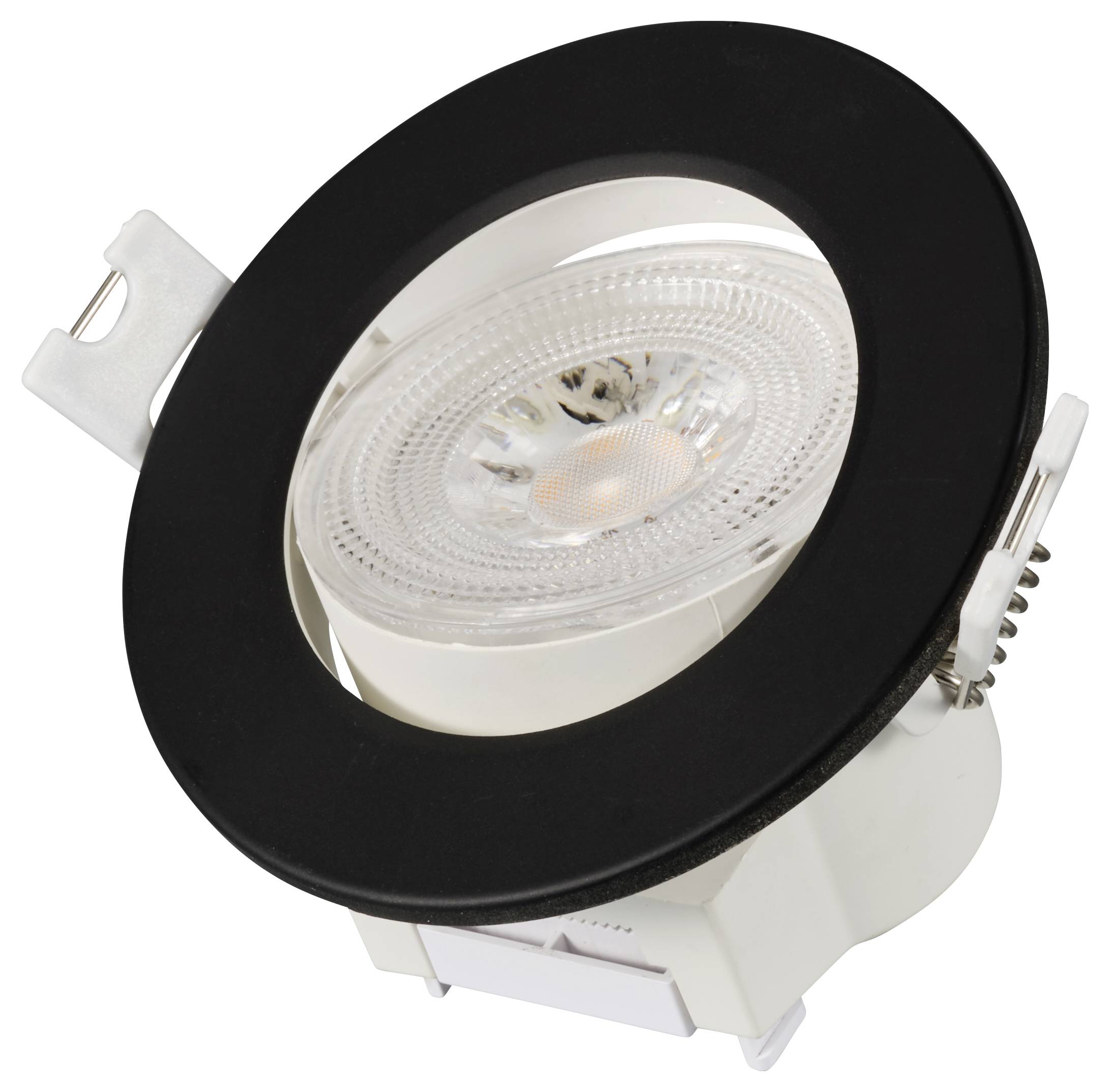 A black, round recessed spotlight with LED light. Suitable for modern interiors for flush ceiling mounting.