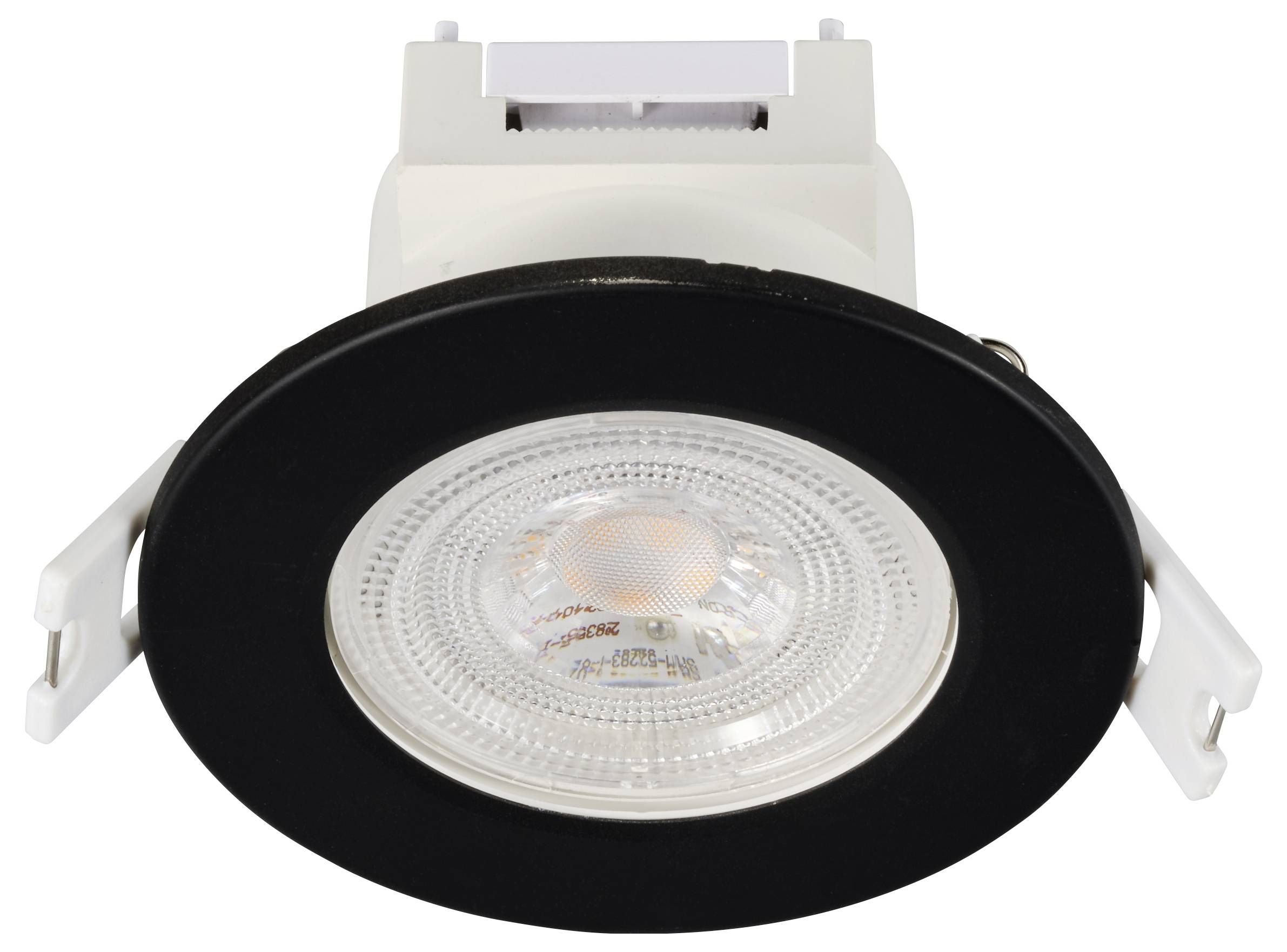 Recessed LED spotlight with a black border, round housing, and visible bulb, suitable for ceiling mounting.