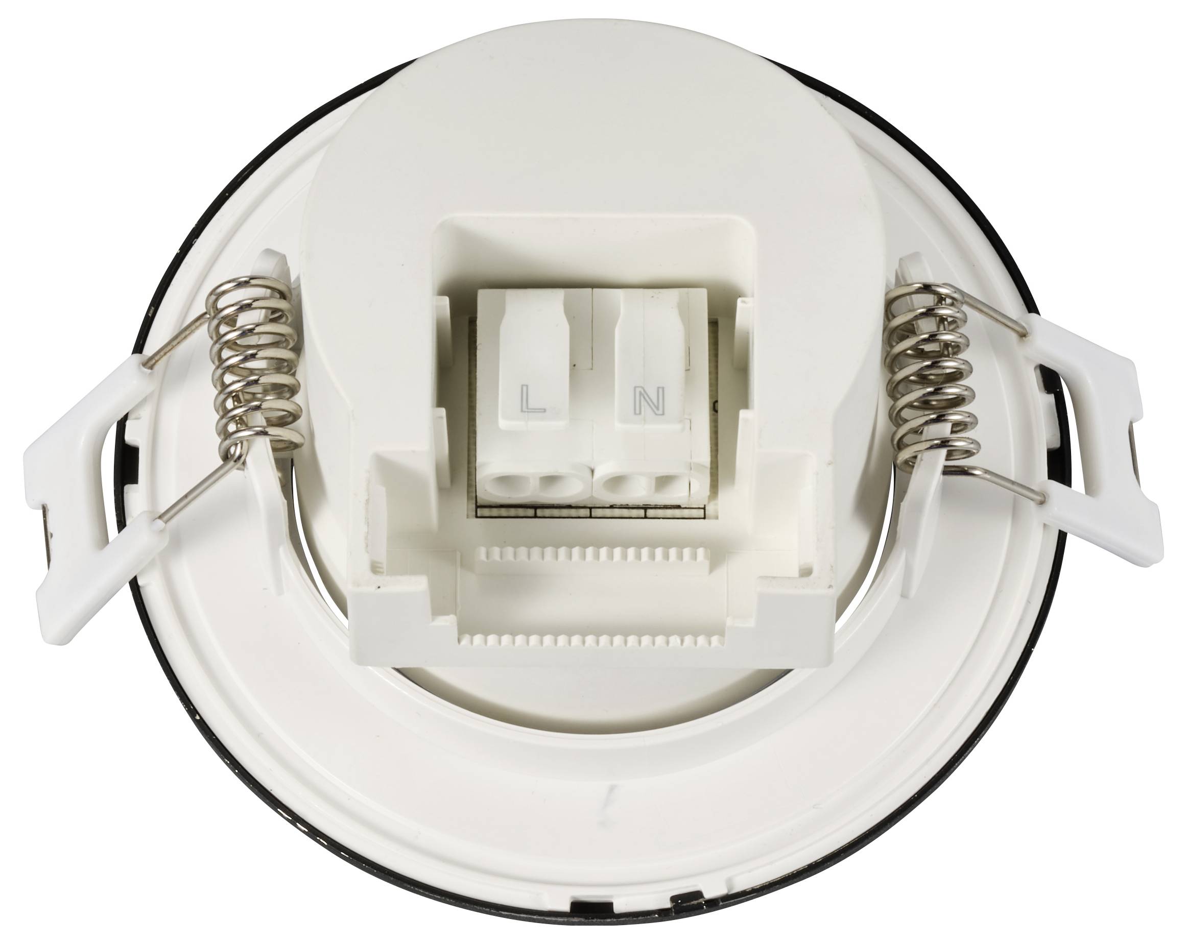 Recessed light fitting viewed from the rear, with two terminal clamps marked 'L' and 'N', and springs on the sides for mounting.