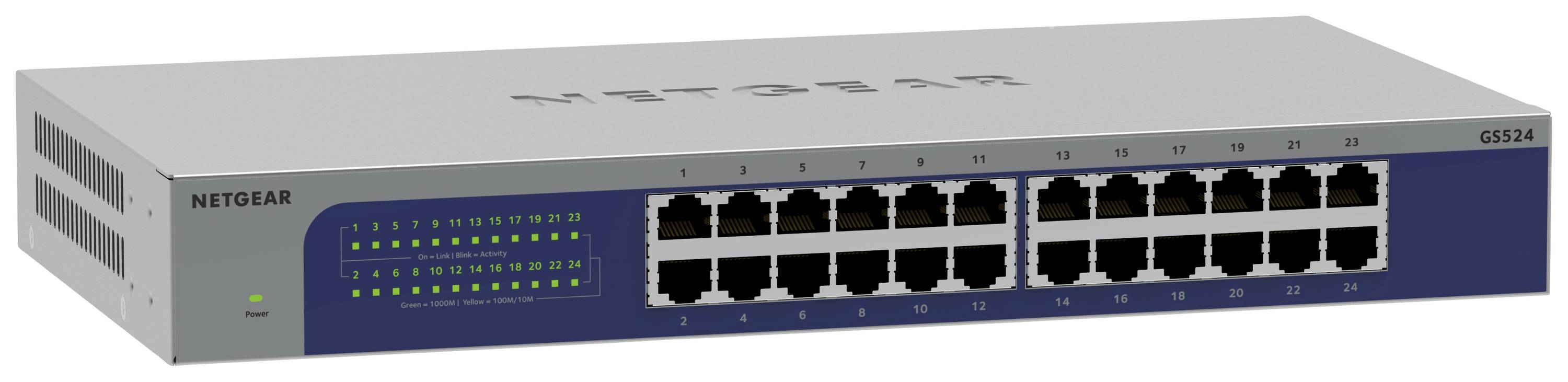 Netgear GS324 Ethernet Switch in a metal enclosure with 24 ports, LED status indicators and ventilation slots on the side.
