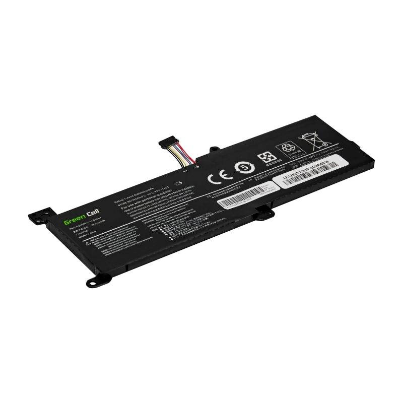 A black laptop battery with printed specifications and certifications, connection cable at the top, branded 'Green Cell'.